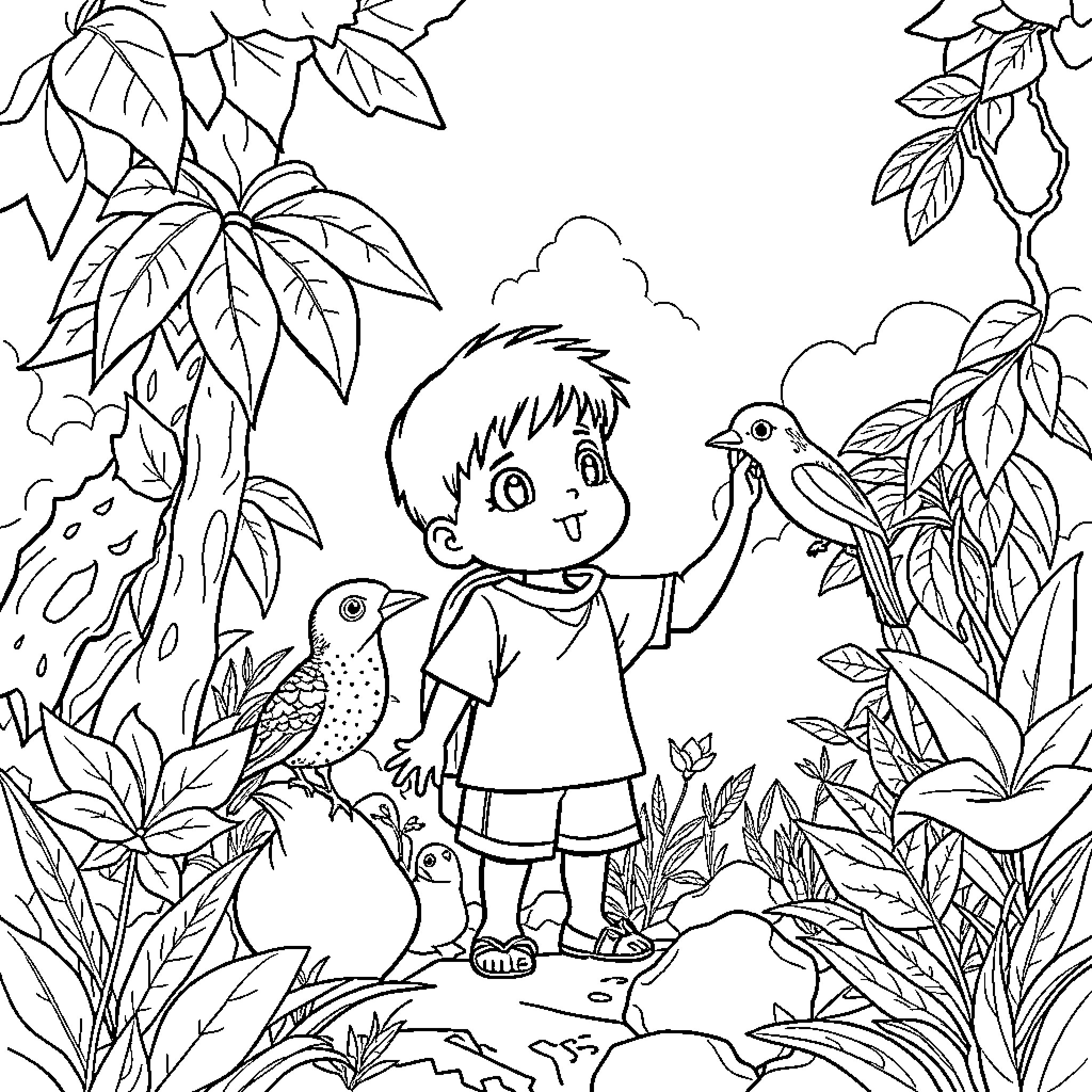 Pemberani Discovering Nature's Wonders Coloring Page (free black-and-white line drawing printable PDF for all, from beginners to advanced learners, including children, teens, adults, and seniors)