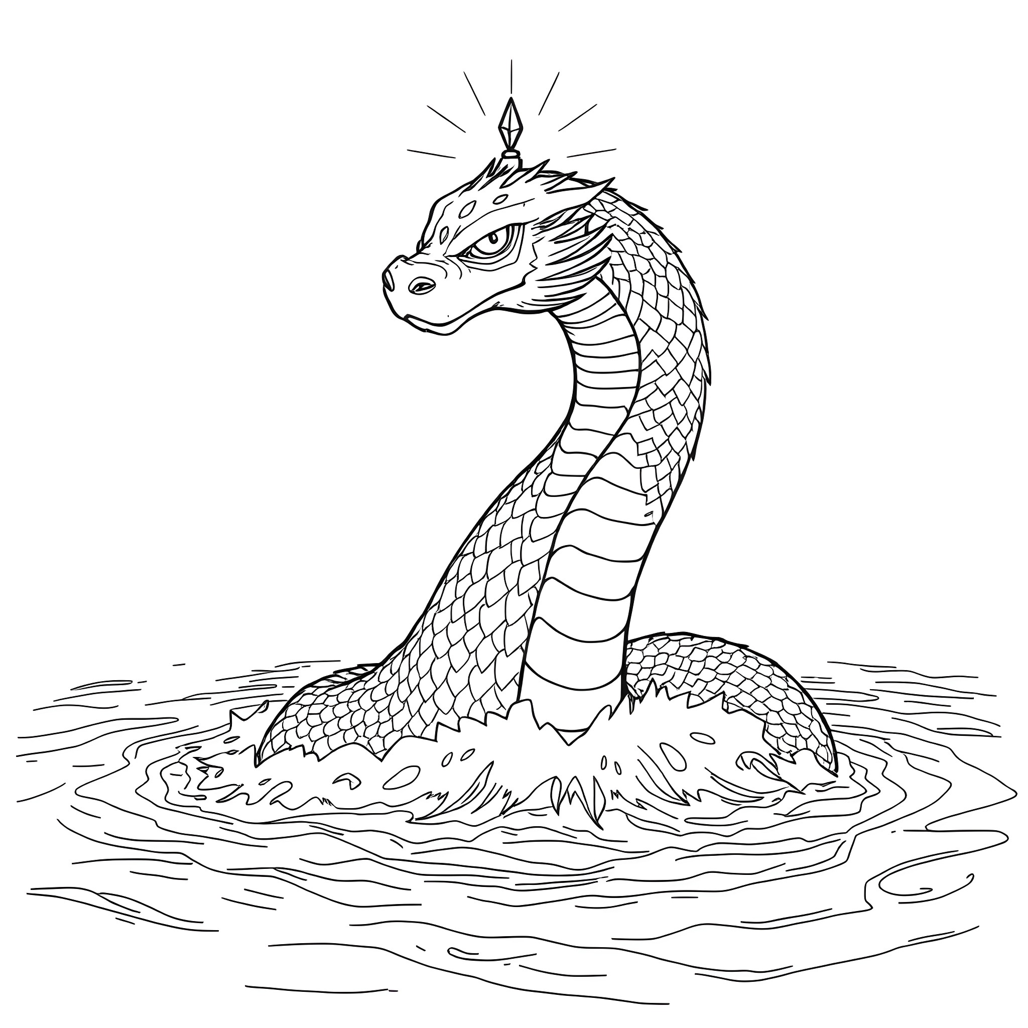 Uktena serpent emerging from the water Coloring Page (free black-and-white line drawing printable PDF for all, from beginners to advanced learners, including children, teens, adults, and seniors)