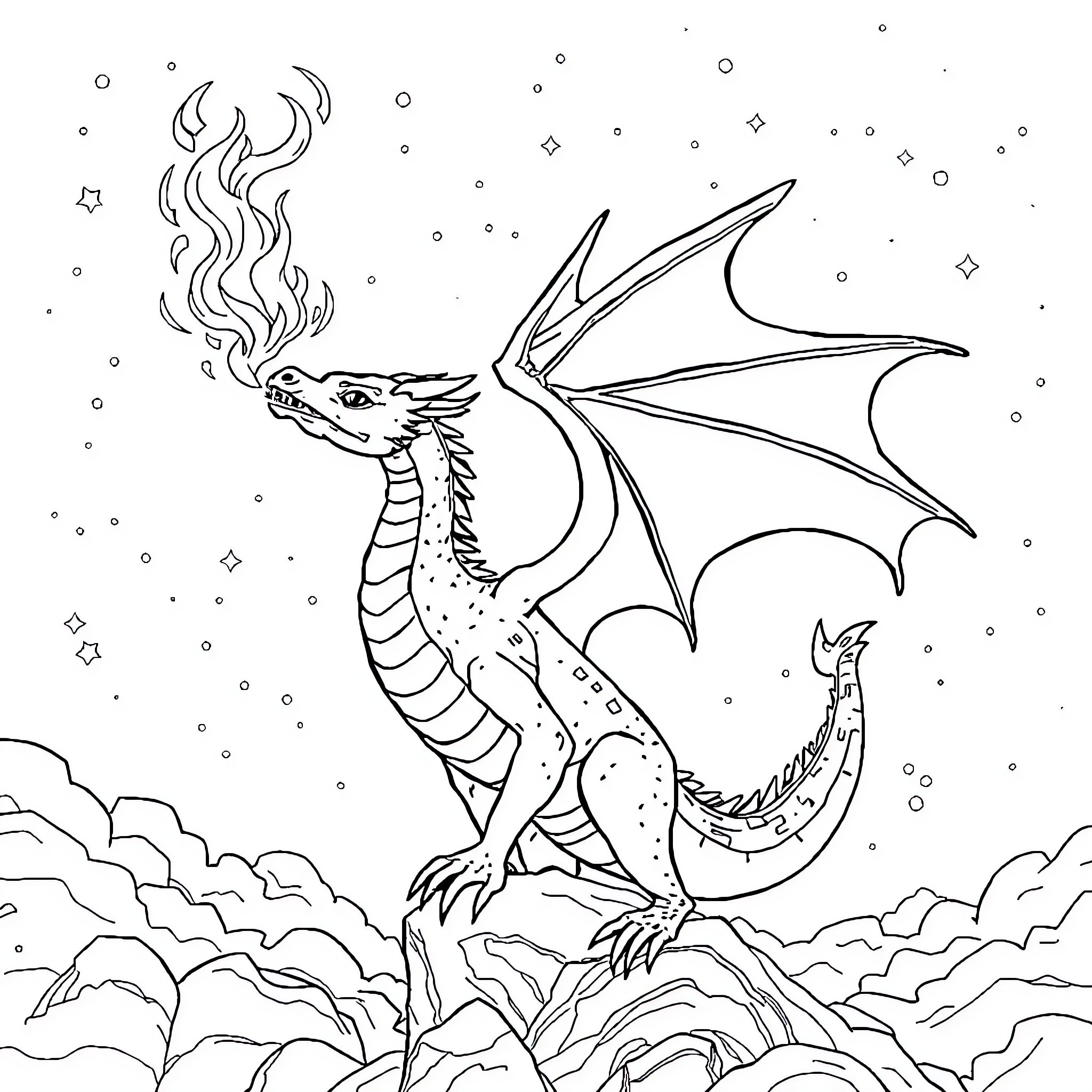 Dragon soaring through the starry night sky Coloring Page (free black-and-white line drawing printable PDF for all, from beginners to advanced learners, including children, teens, adults, and seniors)