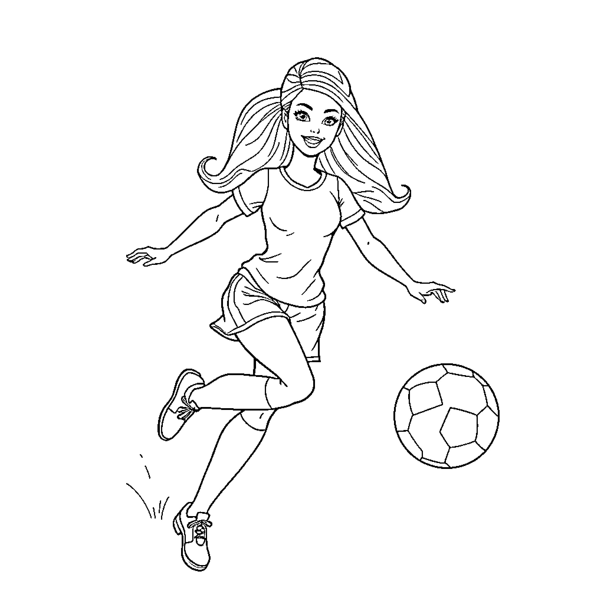 Barbie playing soccer with joy Coloring Page (free black-and-white line drawing printable PDF for all, from beginners to advanced learners, including children, teens, adults, and seniors)