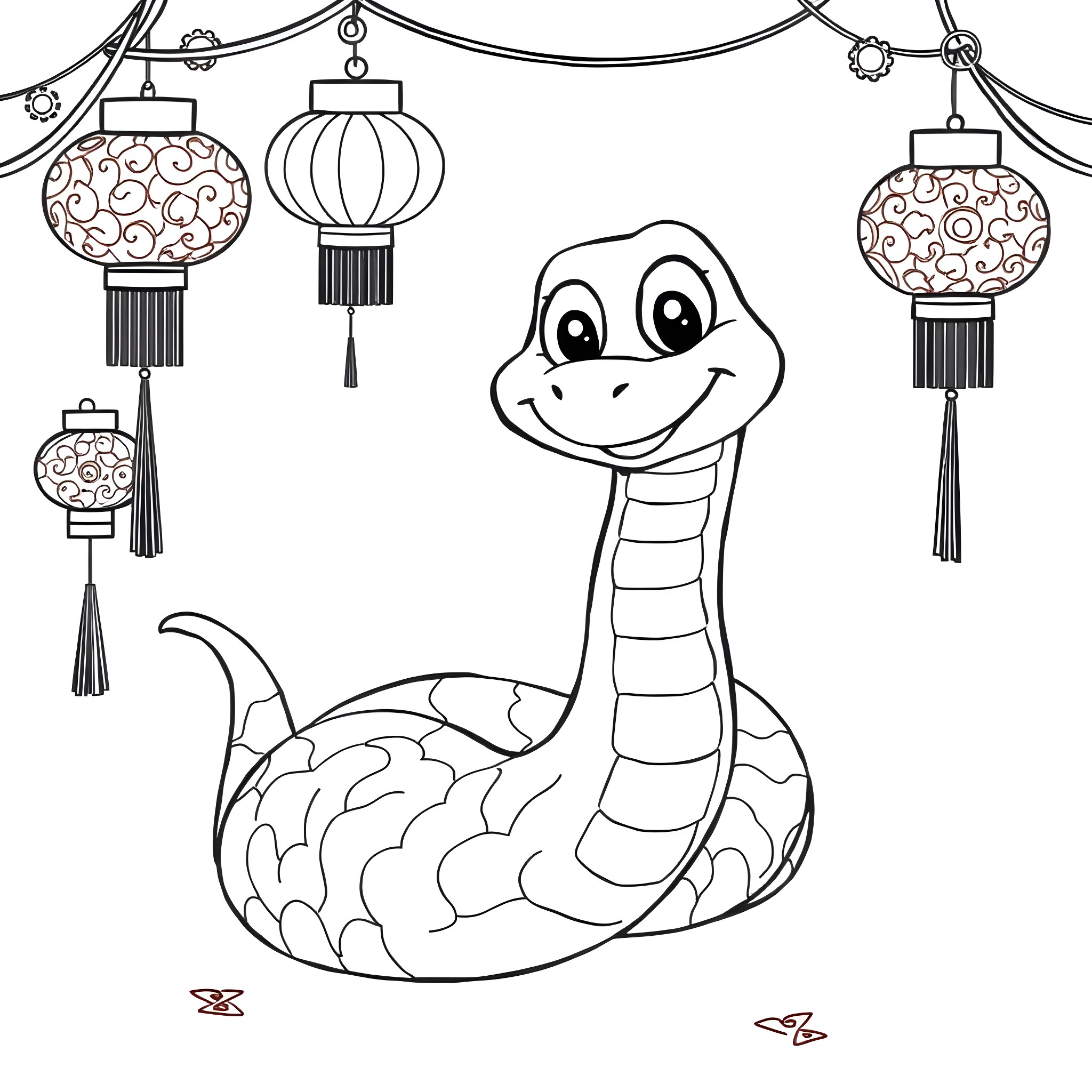 Snake celebrating Chinese New Year with lanterns Coloring Page (free black-and-white line drawing printable PDF for all, from beginners to advanced learners, including children, teens, adults, and seniors)