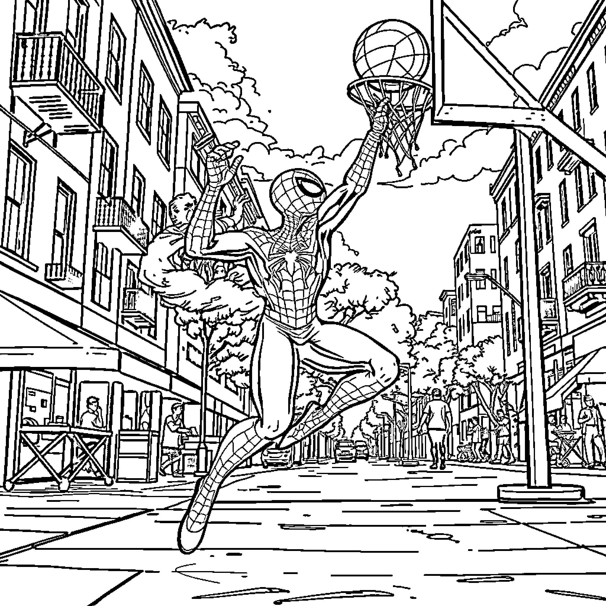 Spider-Man swinging through the city streets Coloring Page (free black-and-white line drawing printable PDF for all, from beginners to advanced learners, including children, teens, adults, and seniors)