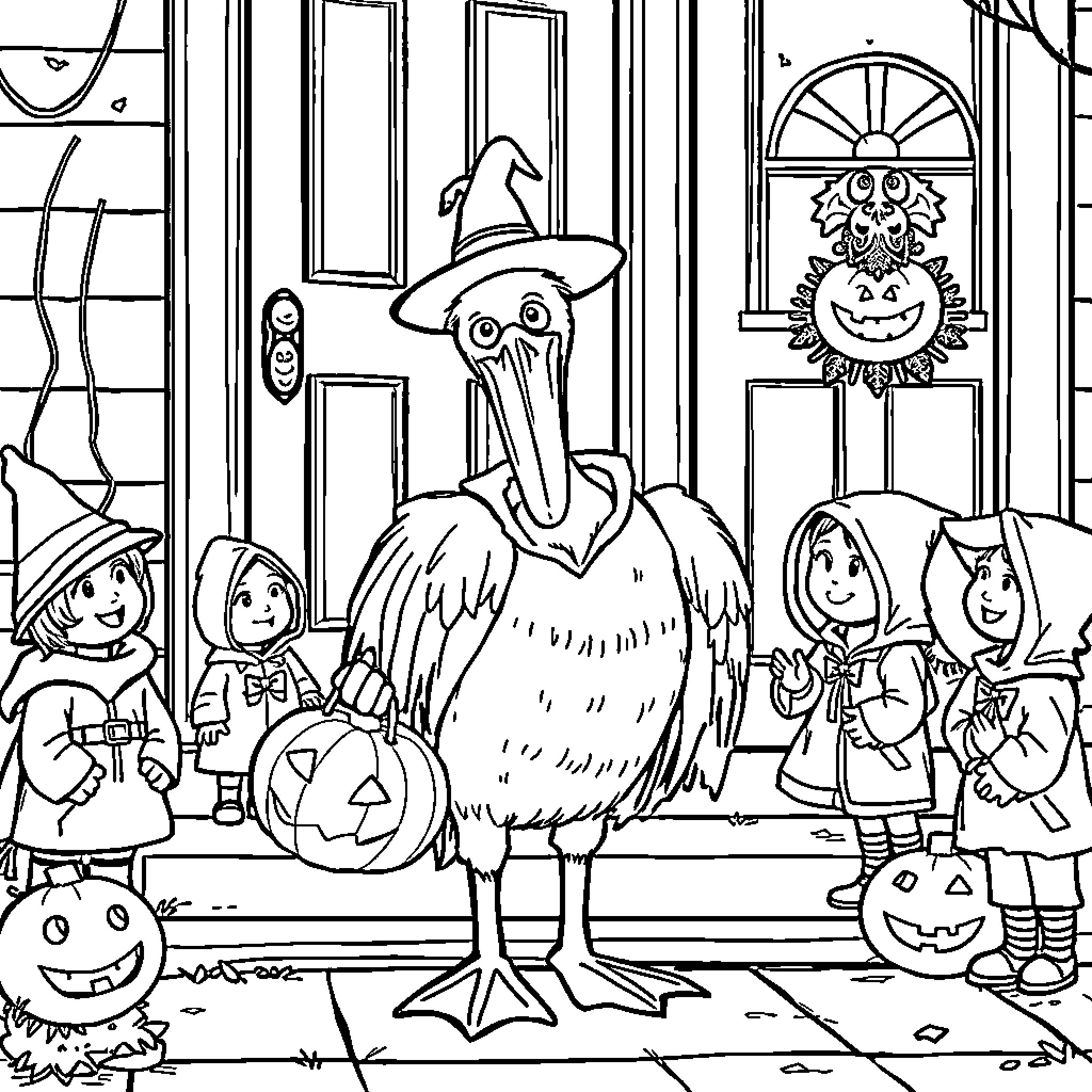 Pelican in Halloween costumes with trick-or-treaters Coloring Page (free black-and-white line drawing printable PDF for all, from beginners to advanced learners, including children, teens, adults, and seniors)