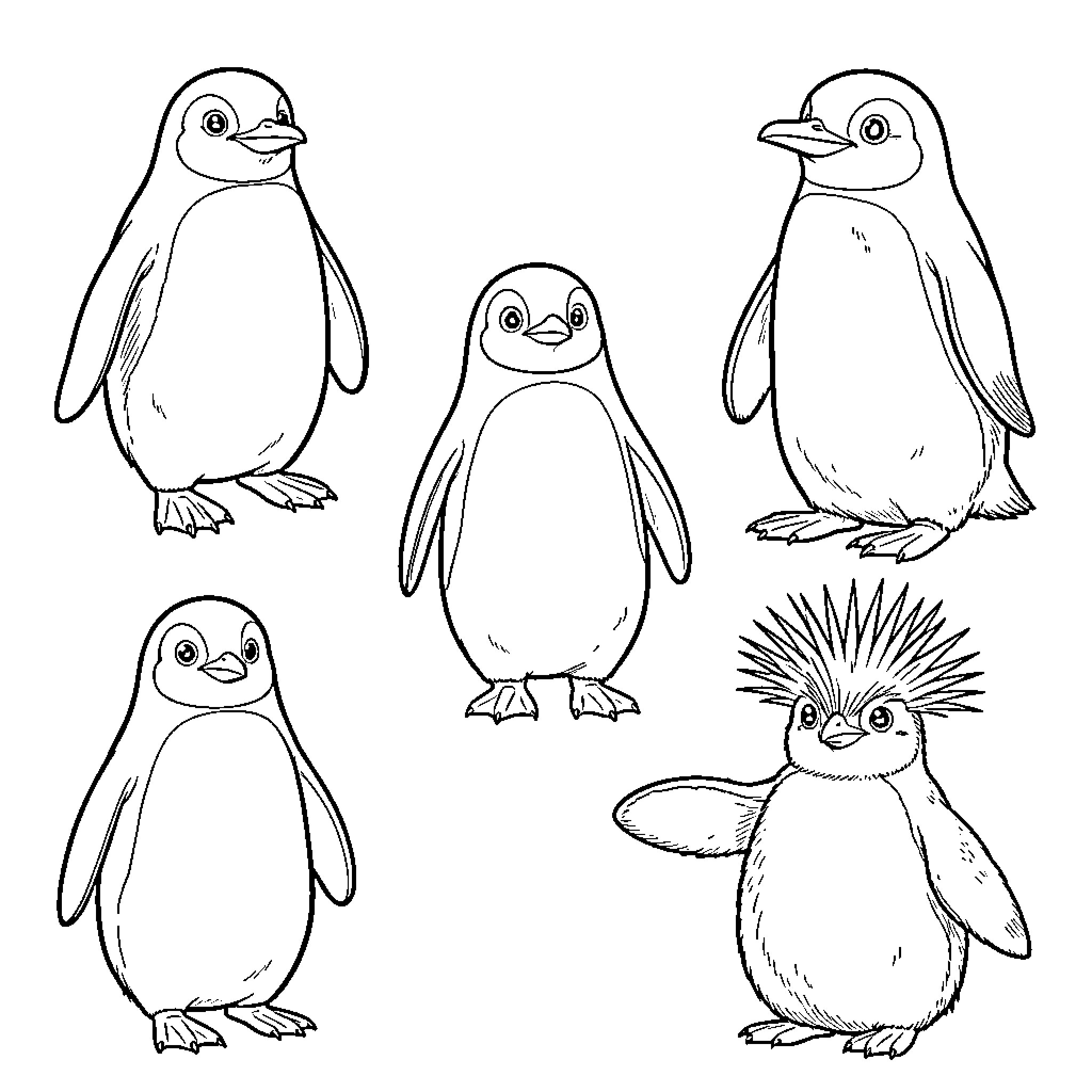 Penguin family exploring the snowy landscape Coloring Page (free black-and-white line drawing printable PDF for all, from beginners to advanced learners, including children, teens, adults, and seniors)