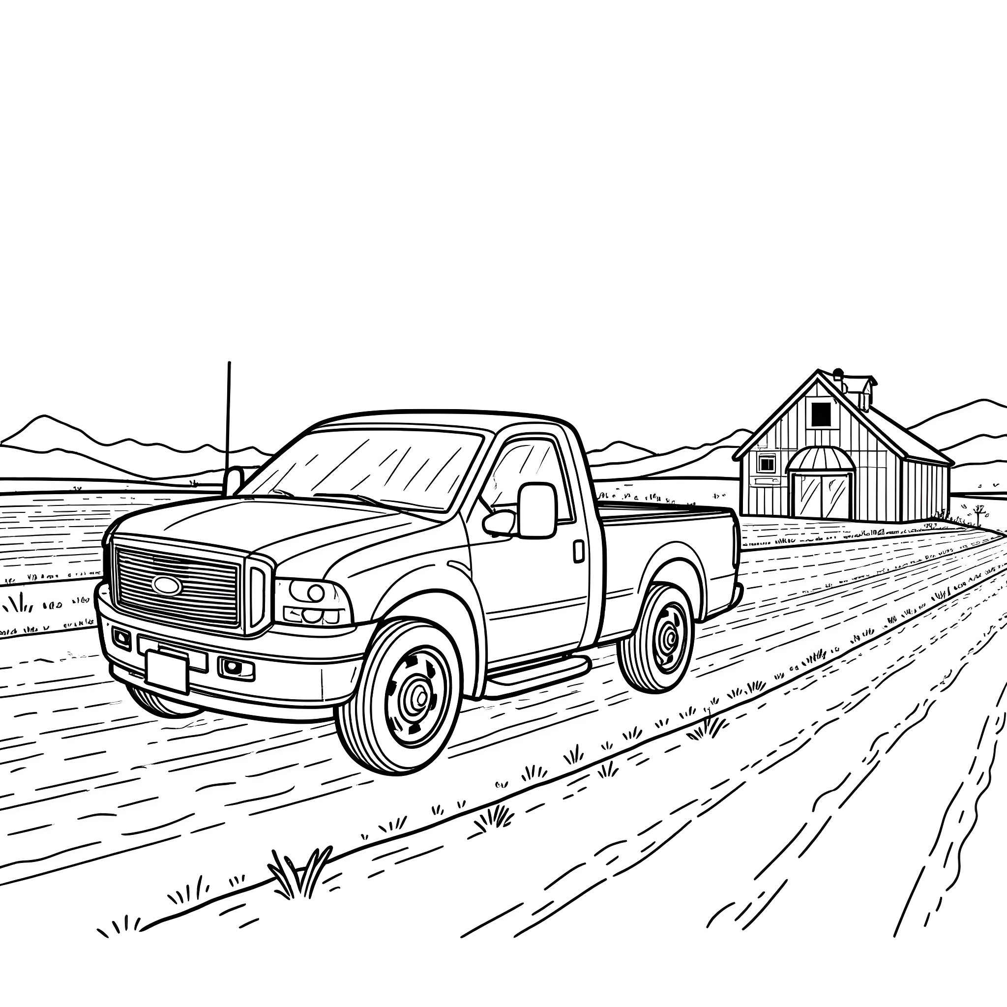 Farm 4x4 Truck on Dirt Road with Barn Coloring Page (free black-and-white line drawing printable PDF for all, from beginners to advanced learners, including children, teens, adults, and seniors)
