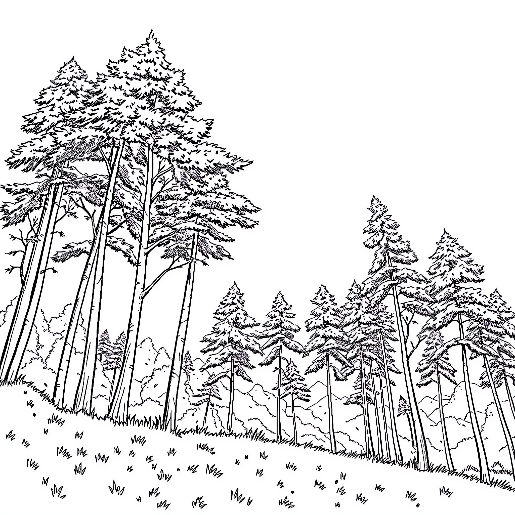 Nature's Serene Forest Landscape Coloring Page (free black-and-white line drawing printable PDF for all, from beginners to advanced learners, including children, teens, adults, and seniors)