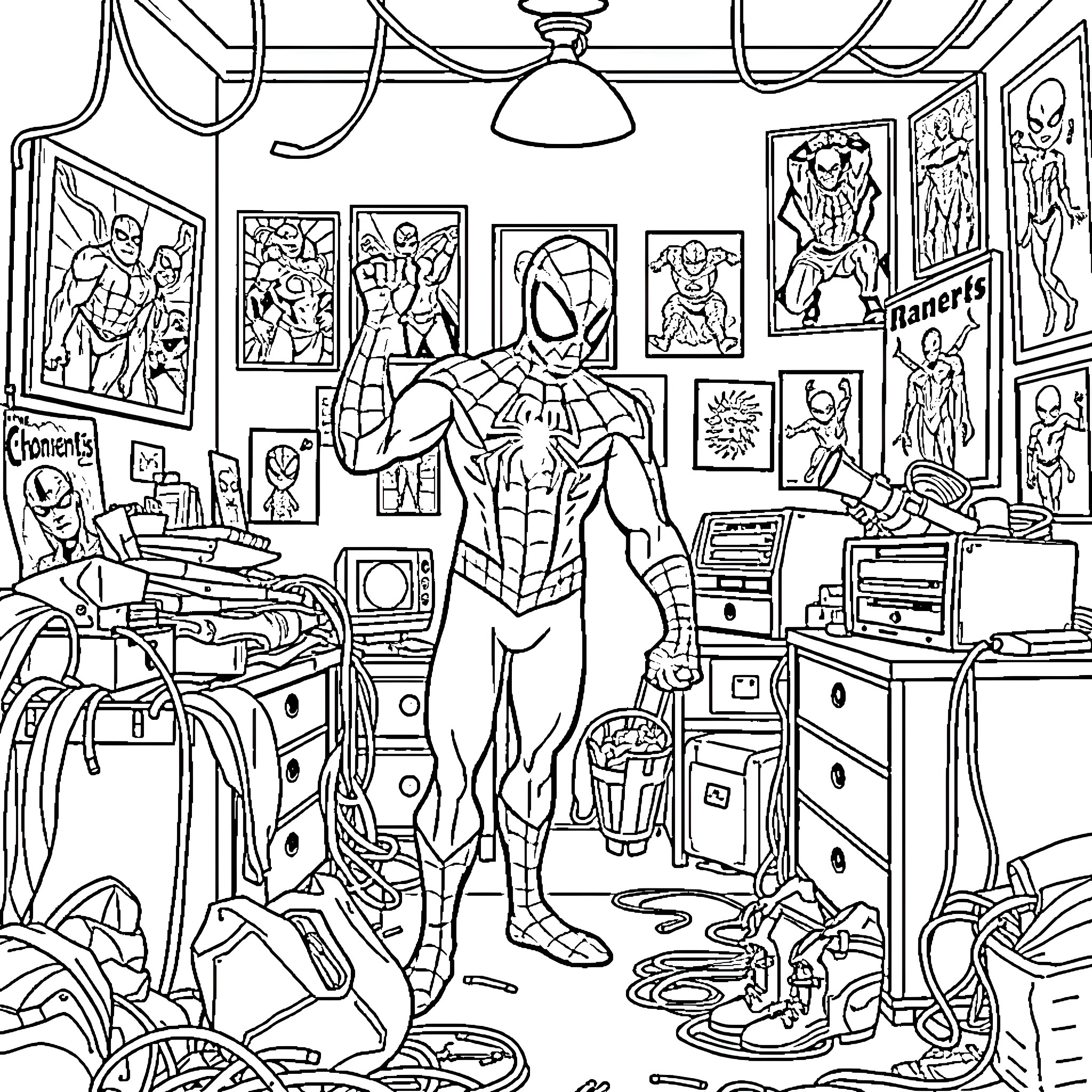 Spiderman's Chaotic Home Office Coloring Page (free black-and-white line drawing printable PDF for all, from beginners to advanced learners, including children, teens, adults, and seniors)