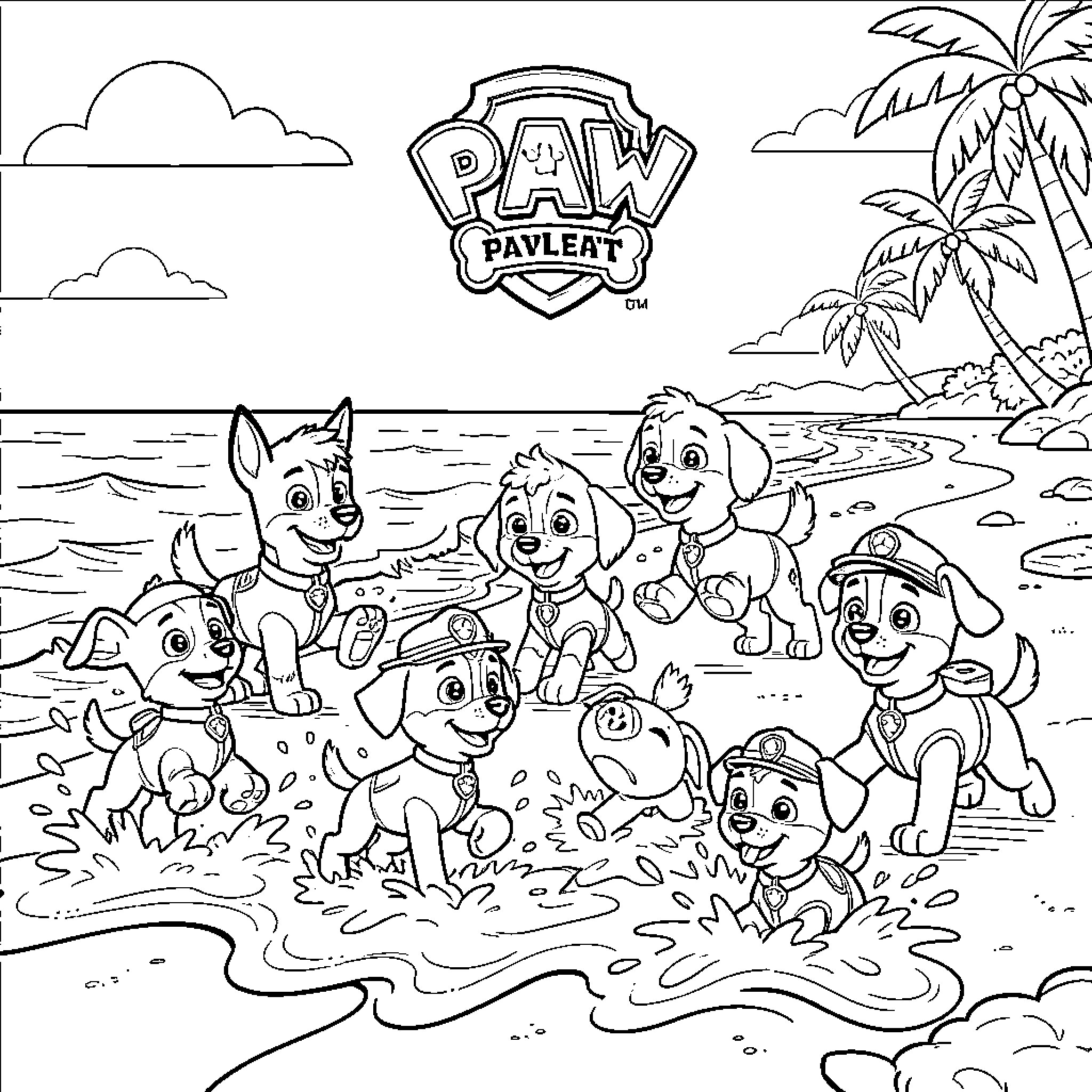 Paw Patrol pups playing joyfully on the beach Coloring Page (free black-and-white line drawing printable PDF for all, from beginners to advanced learners, including children, teens, adults, and seniors)