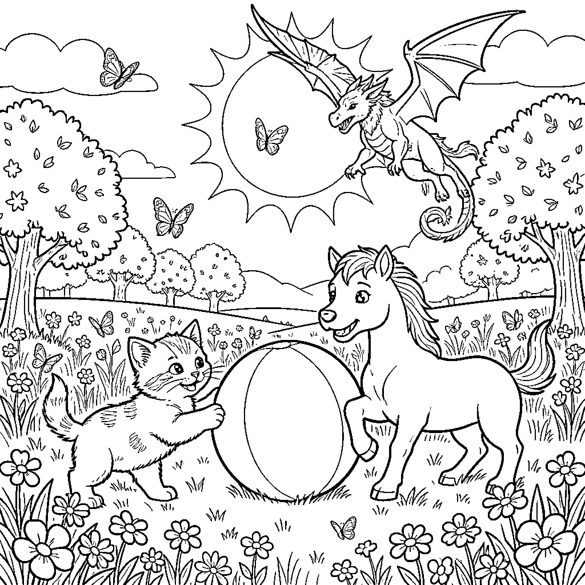 Kitten playing with a pony and a dragon Coloring Page (free black-and-white line drawing printable PDF for all, from beginners to advanced learners, including children, teens, adults, and seniors)