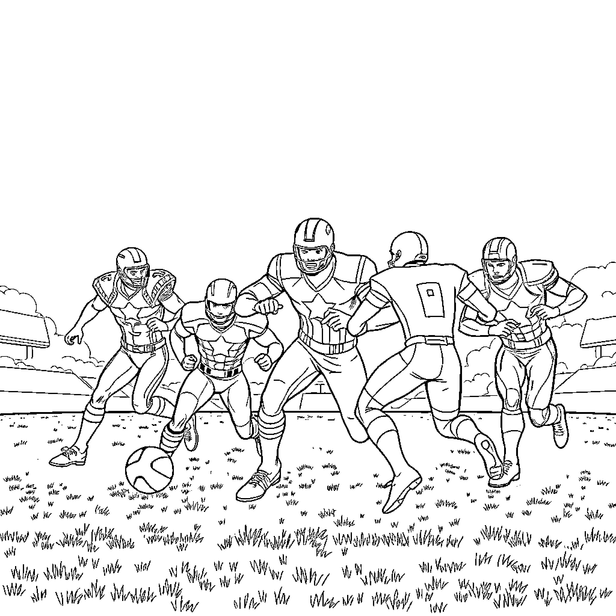 Avenger Heroes in Action on the Gridiron Coloring Page (free black-and-white line drawing printable PDF for all, from beginners to advanced learners, including children, teens, adults, and seniors)