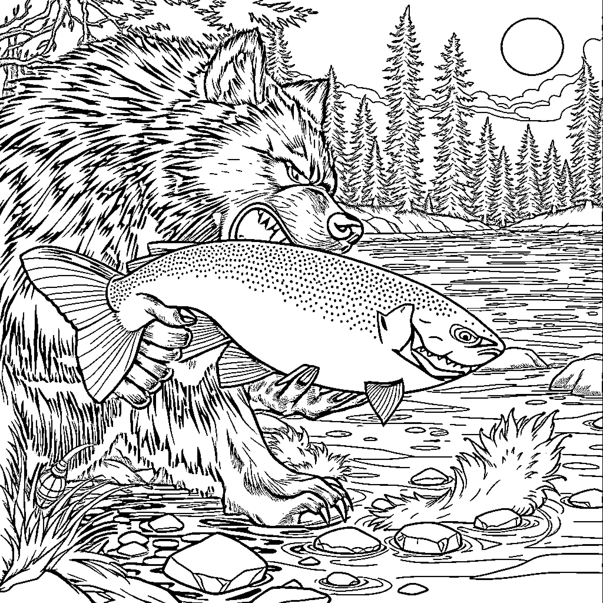 Wolf hunting for trout in a forest stream Coloring Page (free black-and-white line drawing printable PDF for all, from beginners to advanced learners, including children, teens, adults, and seniors)