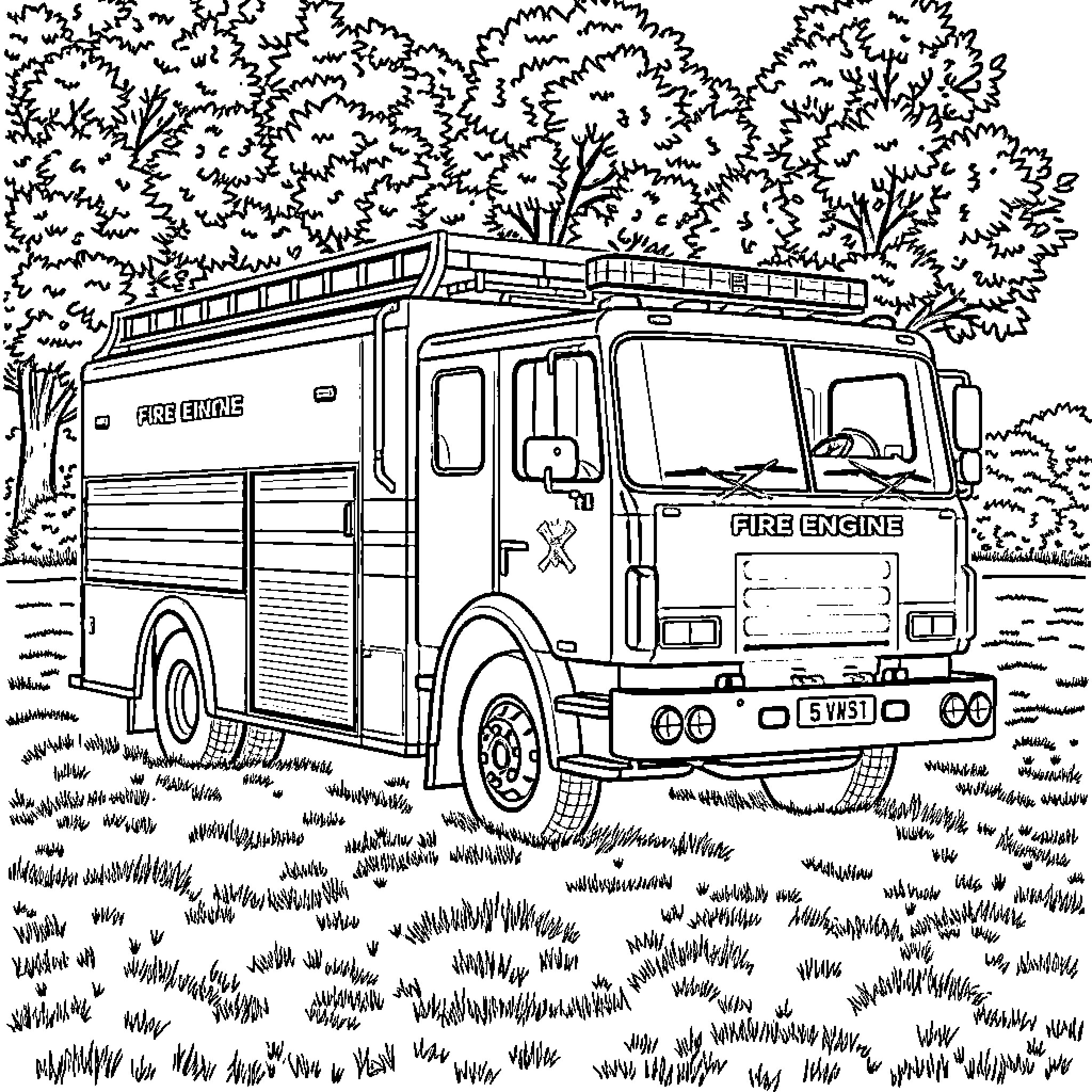 Fire Engine Responding to an Emergency Call Coloring Page (free black-and-white line drawing printable PDF for all, from beginners to advanced learners, including children, teens, adults, and seniors)