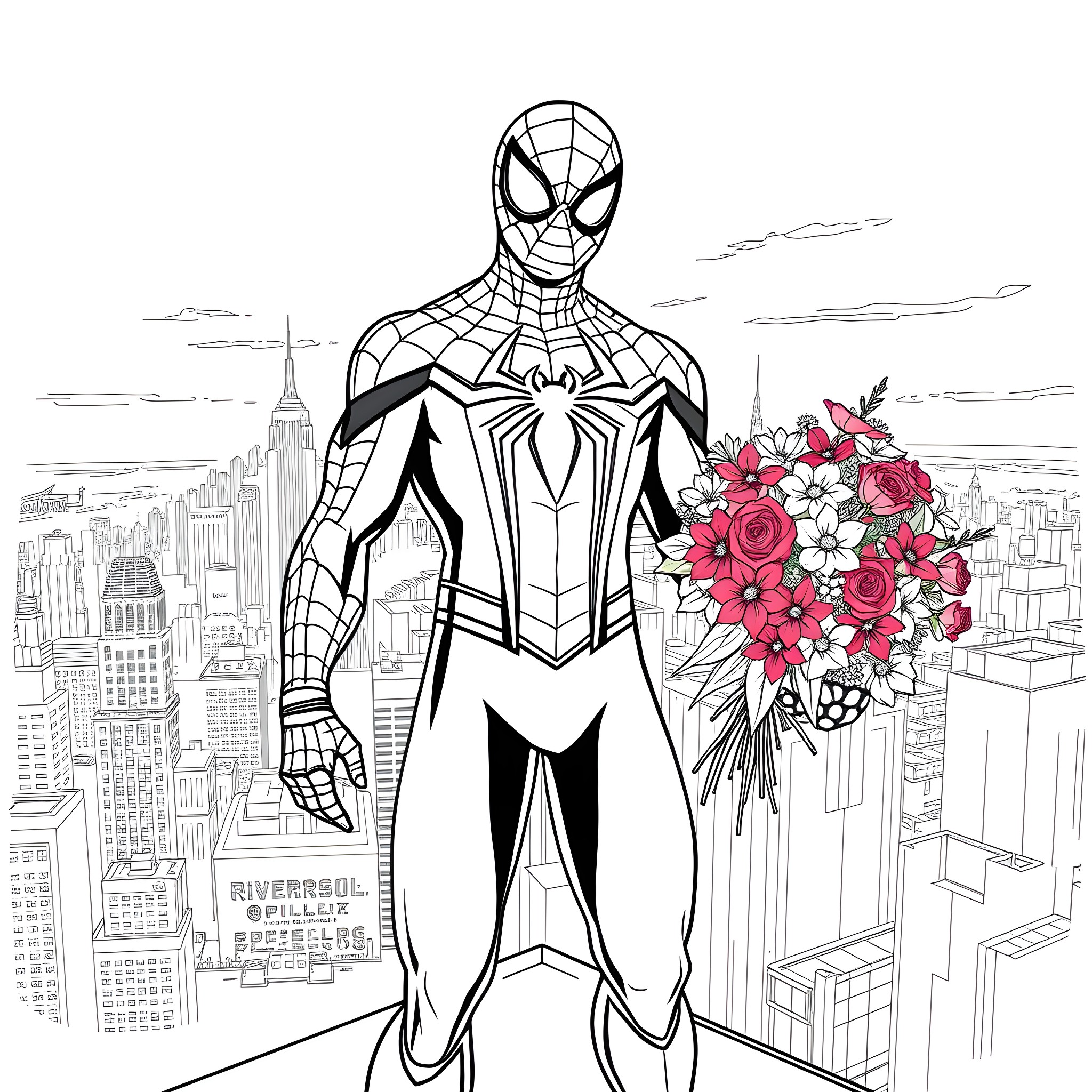 Spider-Man holding a bouquet of flowers in the city Coloring Page (free black-and-white line drawing printable PDF for all, from beginners to advanced learners, including children, teens, adults, and seniors)