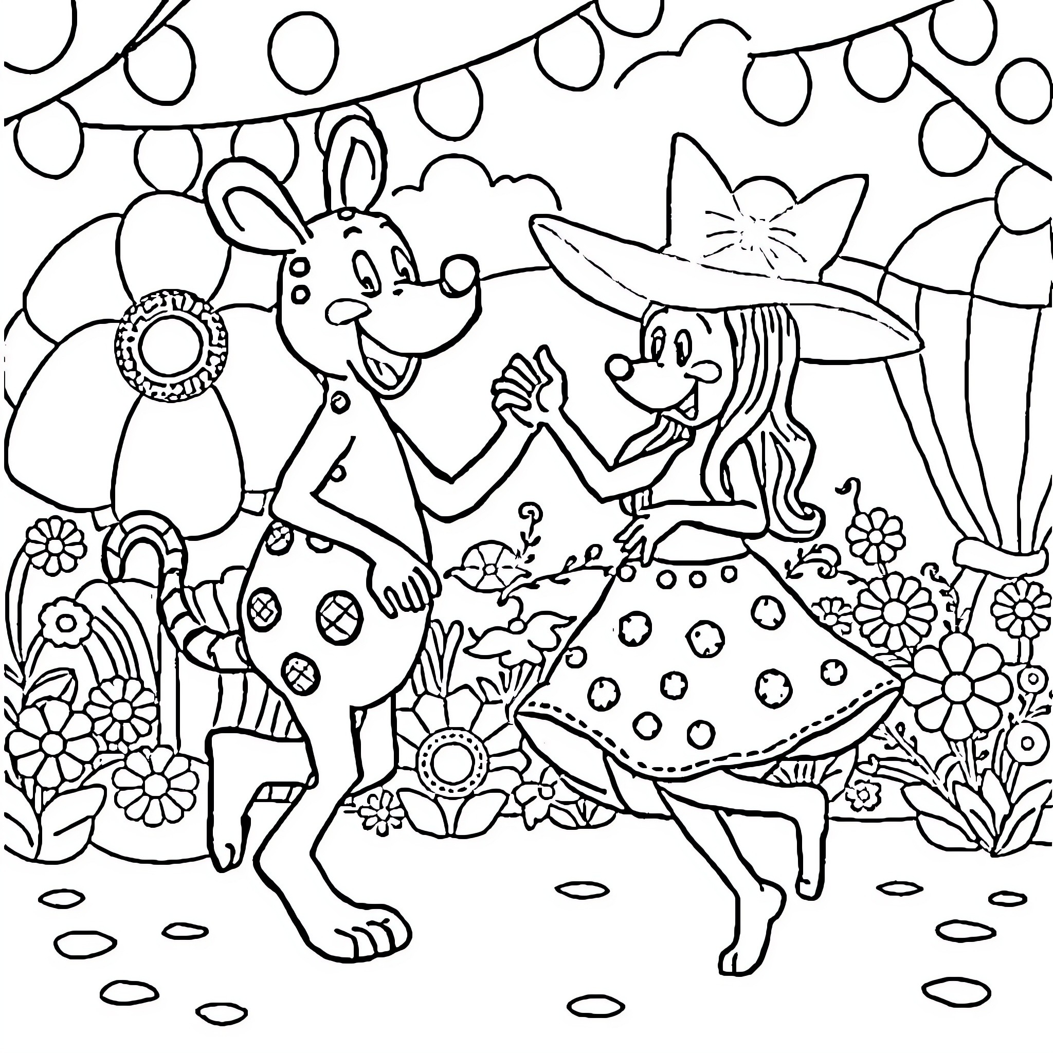 Roudoudou's playful dance with friends in a whimsical garden Coloring Page (free black-and-white line drawing printable PDF for all, from beginners to advanced learners, including children, teens, adults, and seniors)