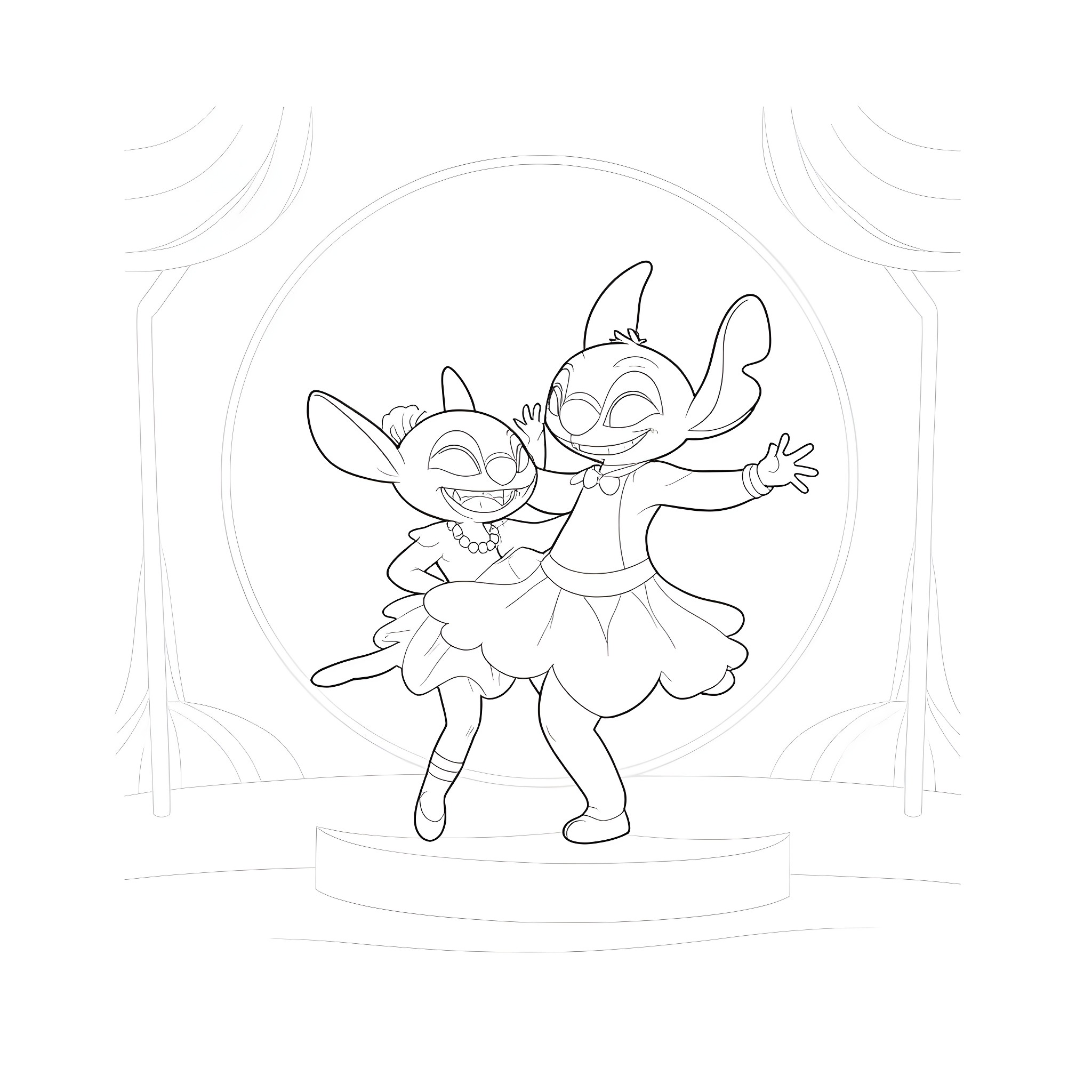 Lilo And Stitch Joyfully Dancing on Stage Coloring Page (free black-and-white line drawing printable PDF for all, from beginners to advanced learners, including children, teens, adults, and seniors)