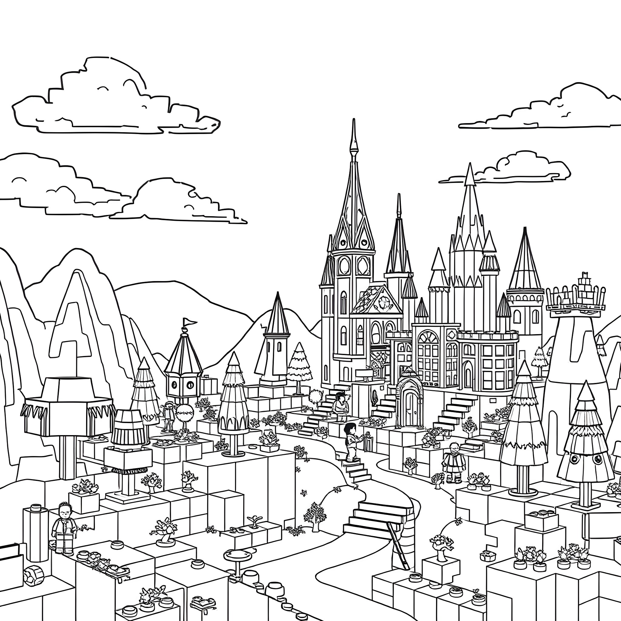 Minecraft Enchanted City with Towering Spires Coloring Page (free black-and-white line drawing printable PDF for all, from beginners to advanced learners, including children, teens, adults, and seniors)