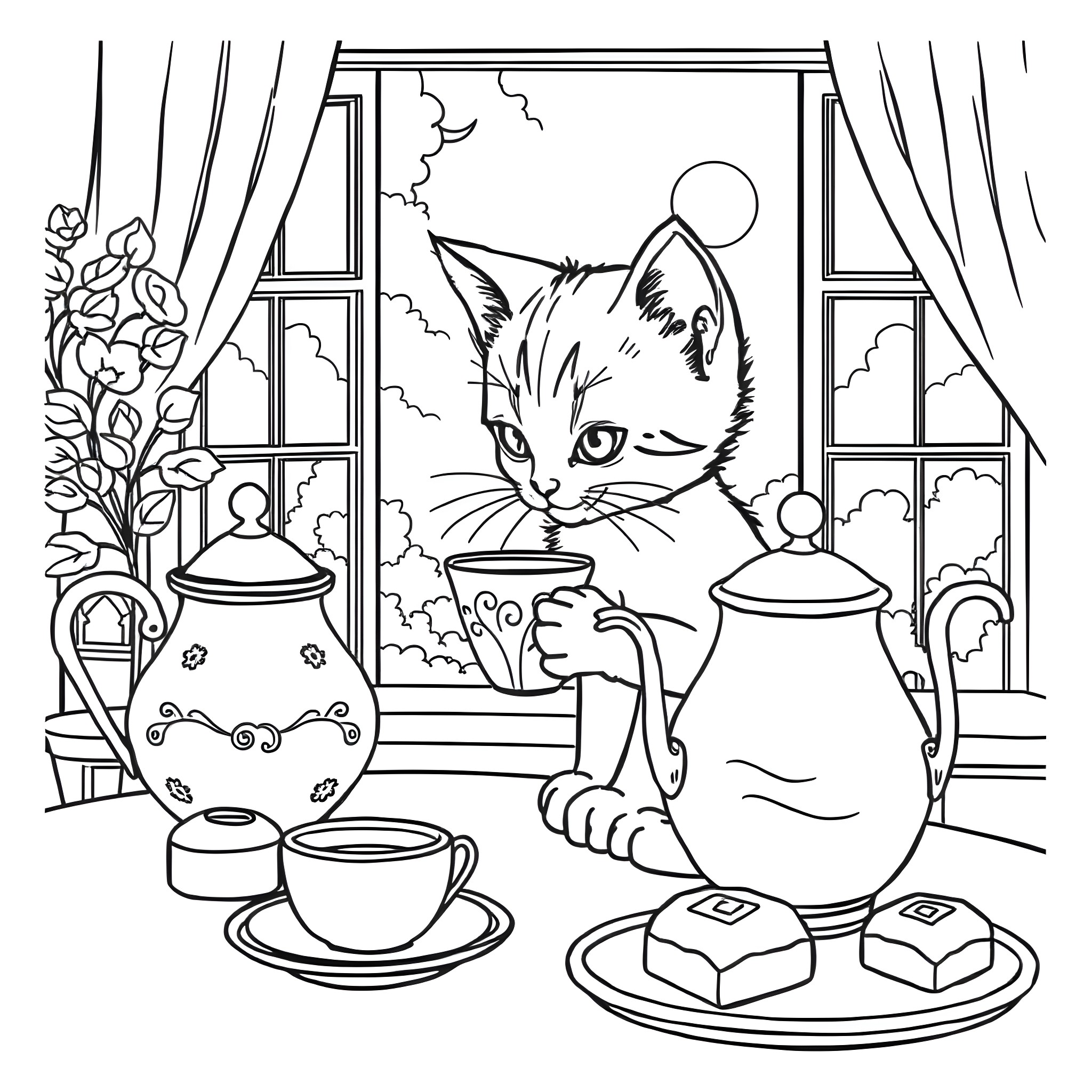 Kitten enjoying afternoon tea in cozy window nook Coloring Page (free black-and-white line drawing printable PDF for all, from beginners to advanced learners, including children, teens, adults, and seniors)