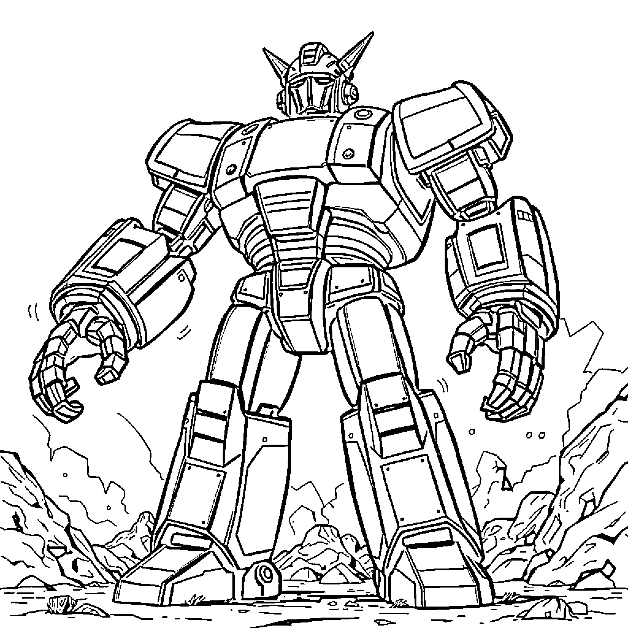 Goldorak maneuvering in action pose Coloring Page (free black-and-white line drawing printable PDF for all, from beginners to advanced learners, including children, teens, adults, and seniors)