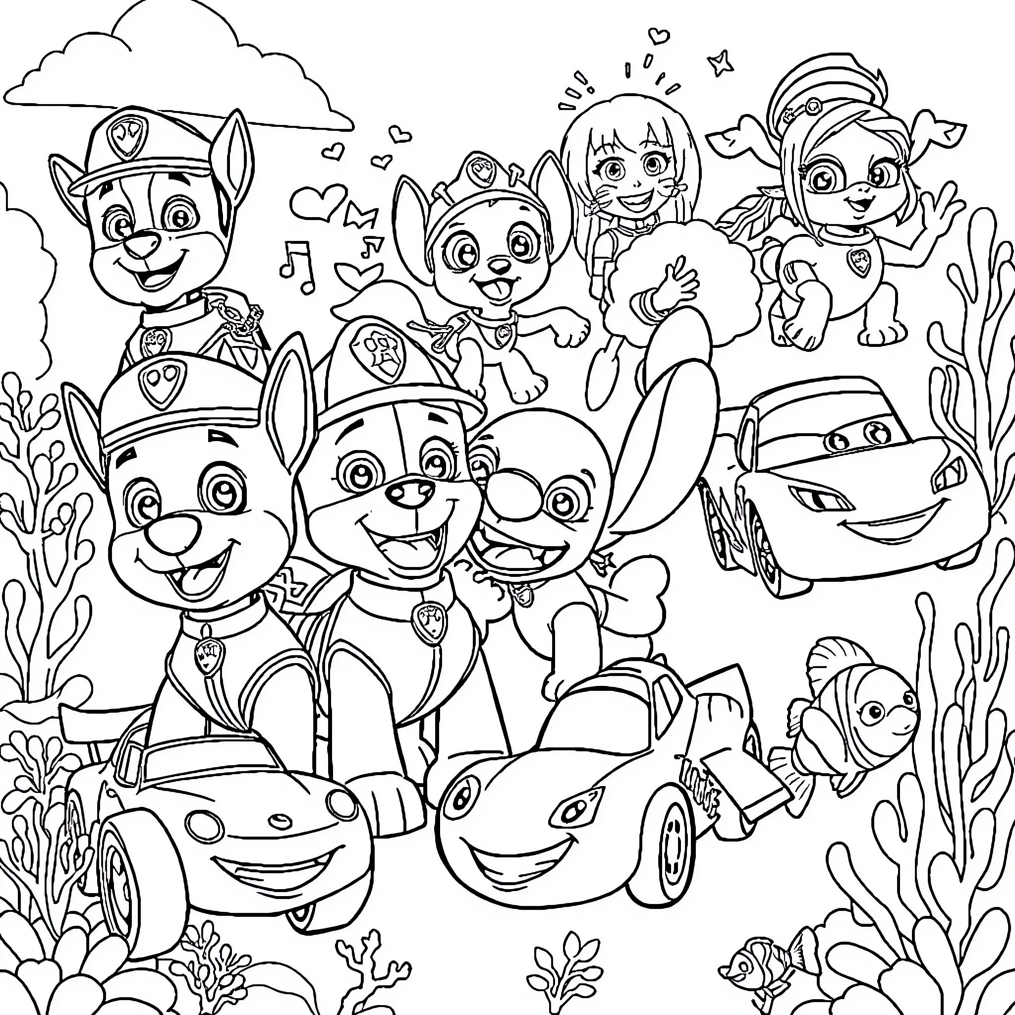 Character Pups in an Underwater Adventure Coloring Page (free black-and-white line drawing printable PDF for all, from beginners to advanced learners, including children, teens, adults, and seniors)