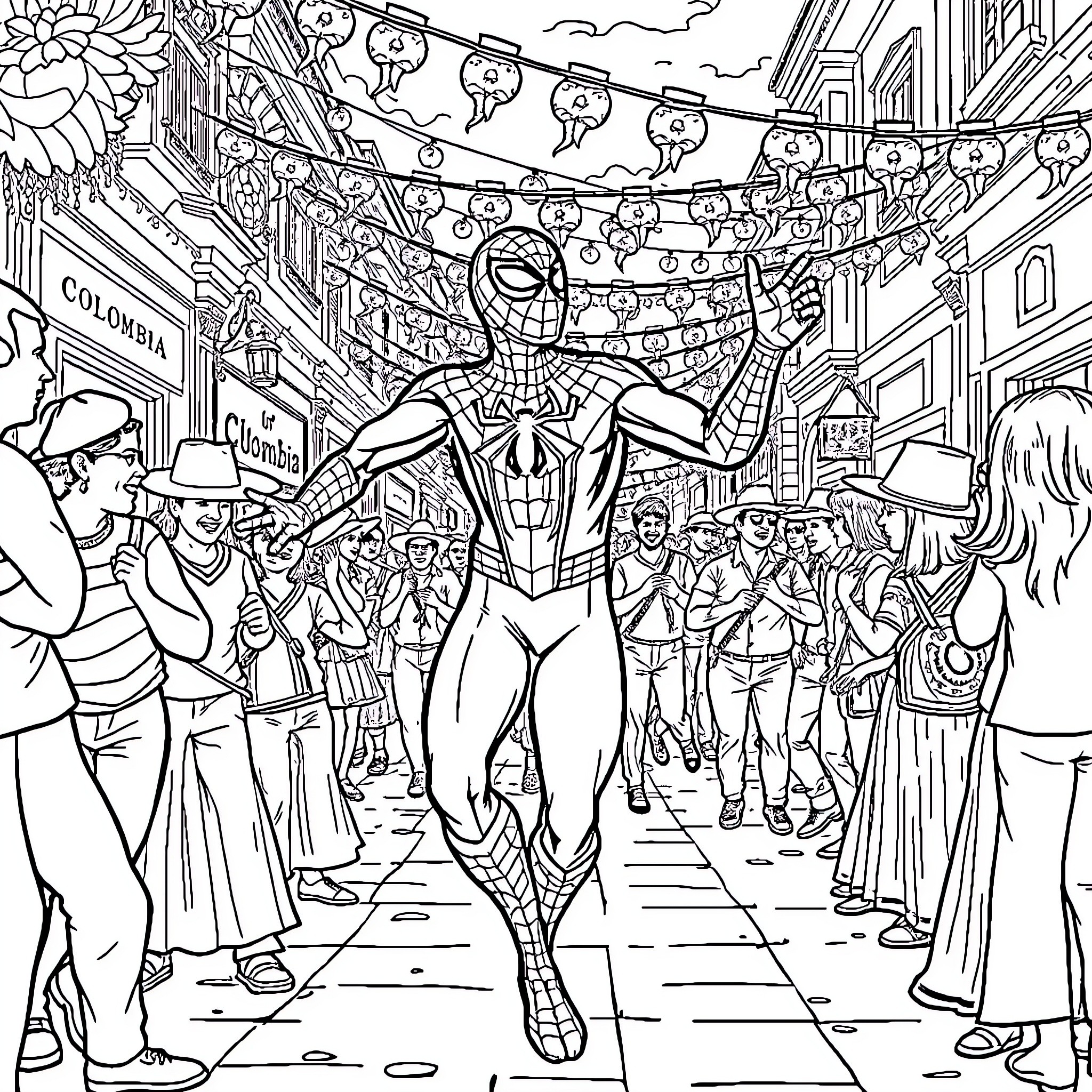 Spiderman swinging through a vibrant city street Coloring Page (free black-and-white line drawing printable PDF for all, from beginners to advanced learners, including children, teens, adults, and seniors)