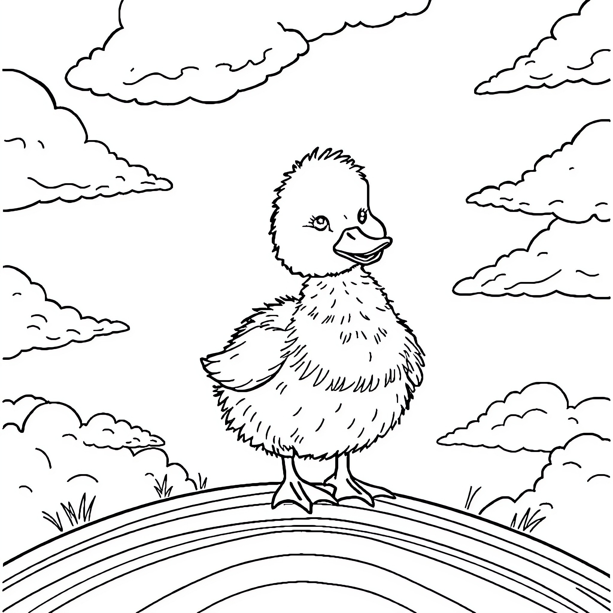 Duck exploring the cloudy sky Coloring Page (free black-and-white line drawing printable PDF for all, from beginners to advanced learners, including children, teens, adults, and seniors)