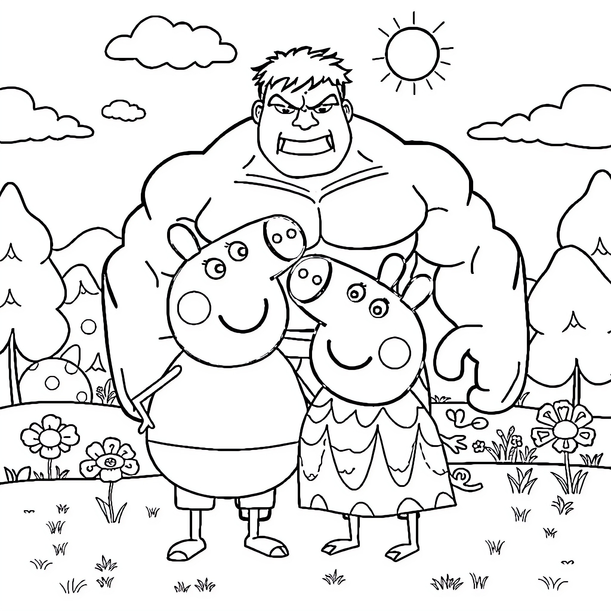 Hulk protects happy family in nature Coloring Page (free black-and-white line drawing printable PDF for all, from beginners to advanced learners, including children, teens, adults, and seniors)