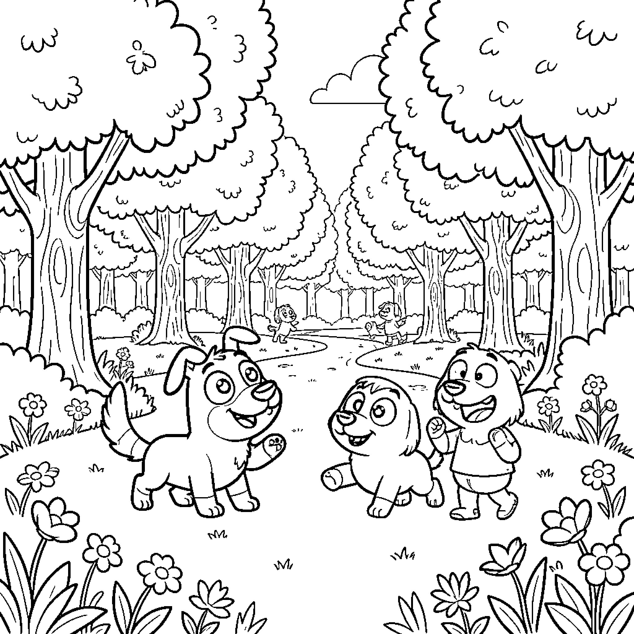 Bluey and friends explore the enchanting forest Coloring Page (free black-and-white line drawing printable PDF for all, from beginners to advanced learners, including children, teens, adults, and seniors)
