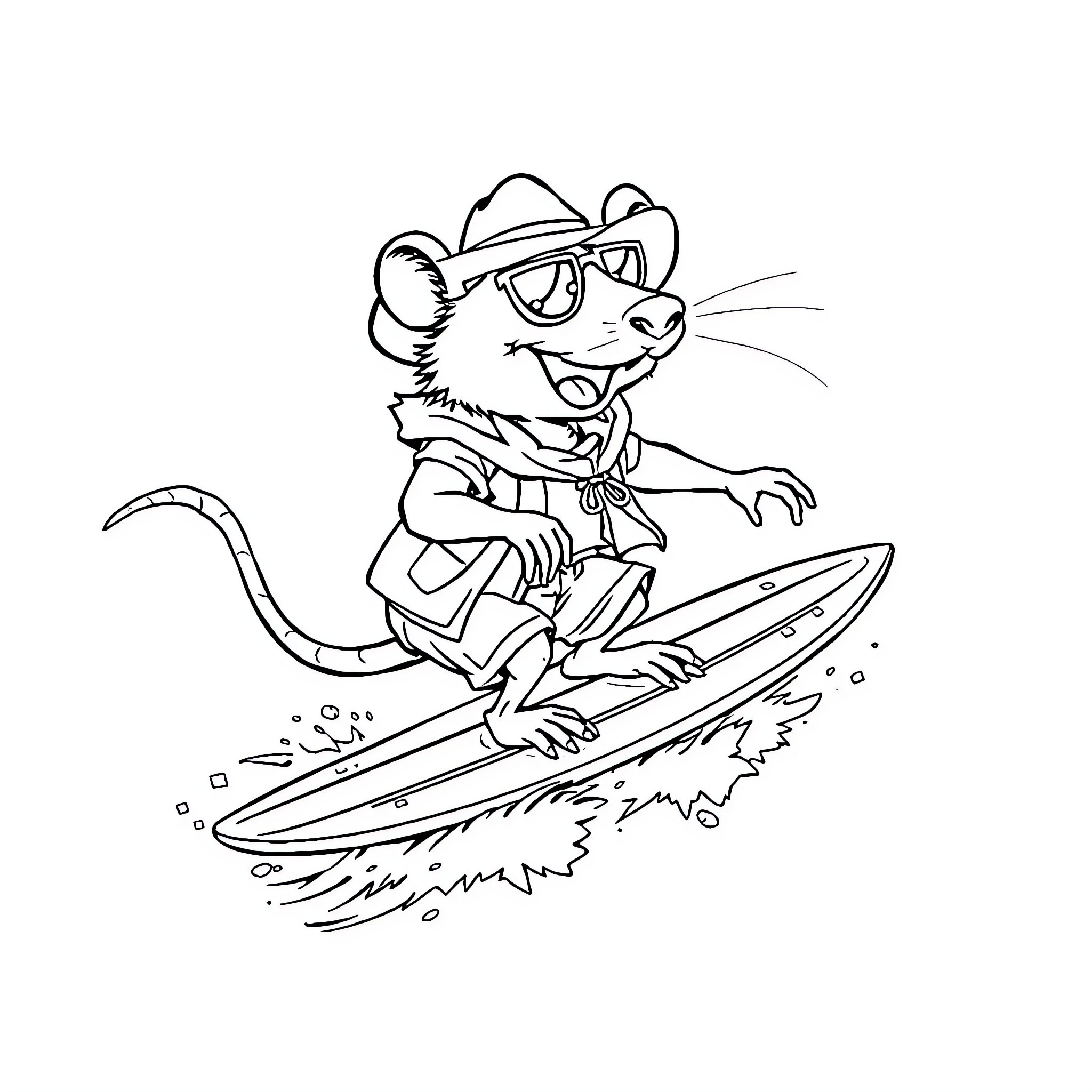 Rat surfer catching waves in style Coloring Page (free black-and-white line drawing printable PDF for all, from beginners to advanced learners, including children, teens, adults, and seniors)