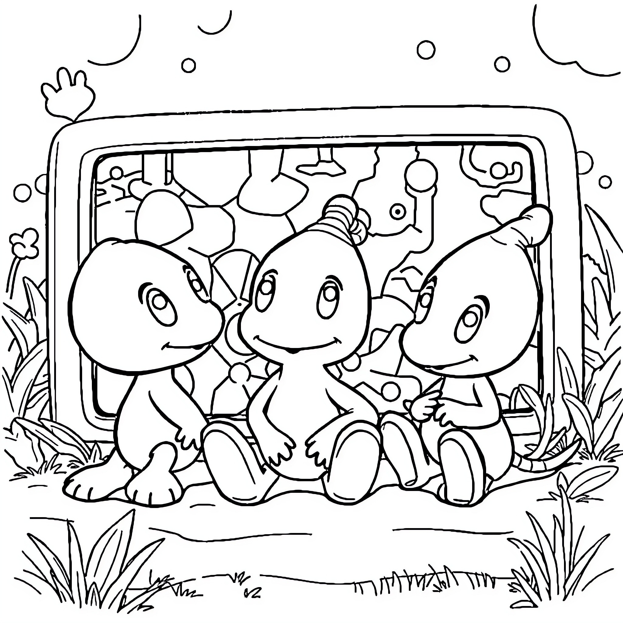 Pikmin exploring a whimsical scene together Coloring Page (free black-and-white line drawing printable PDF for all, from beginners to advanced learners, including children, teens, adults, and seniors)