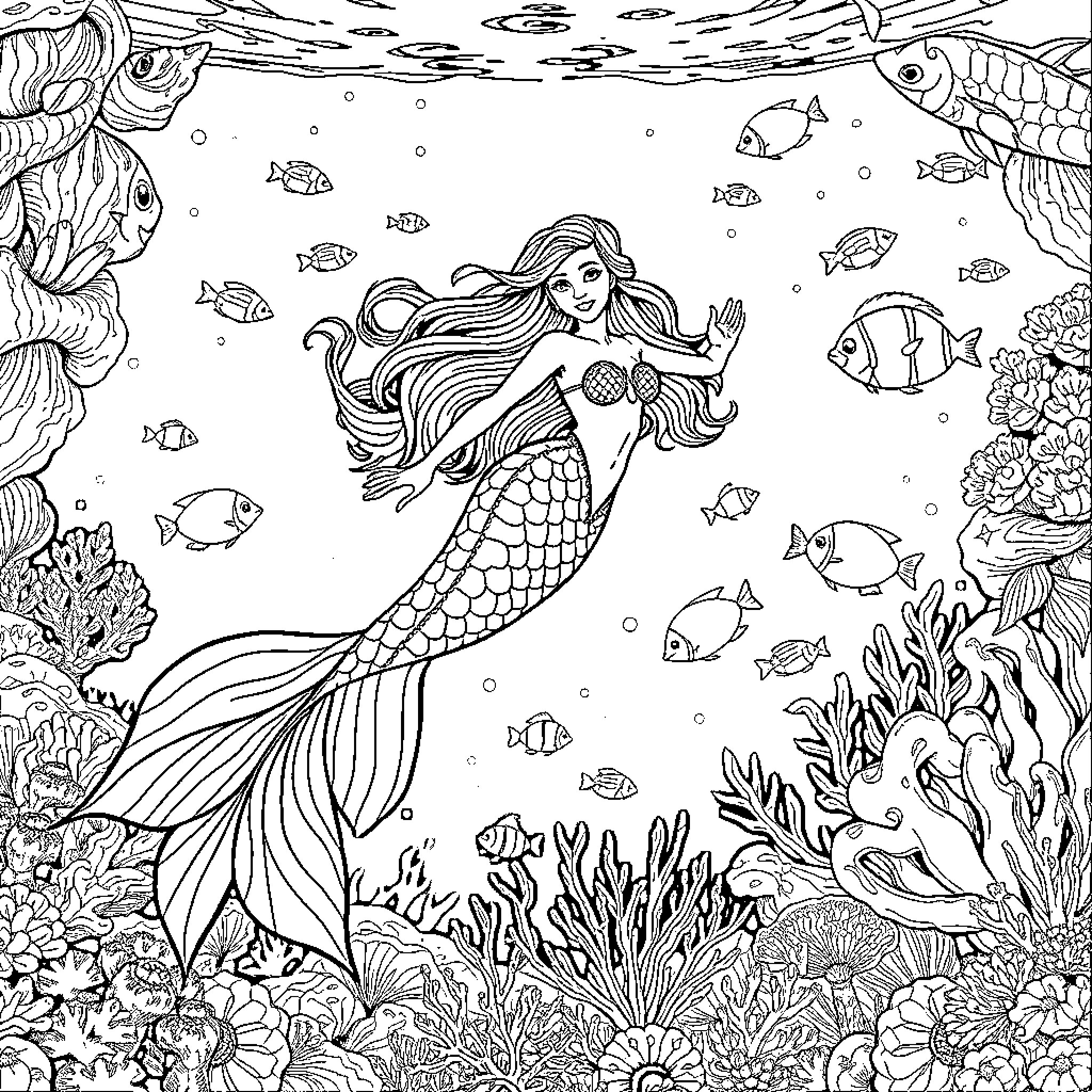Mermaid swimming gracefully through an underwater seascape Coloring Page (free black-and-white line drawing printable PDF for all, from beginners to advanced learners, including children, teens, adults, and seniors)