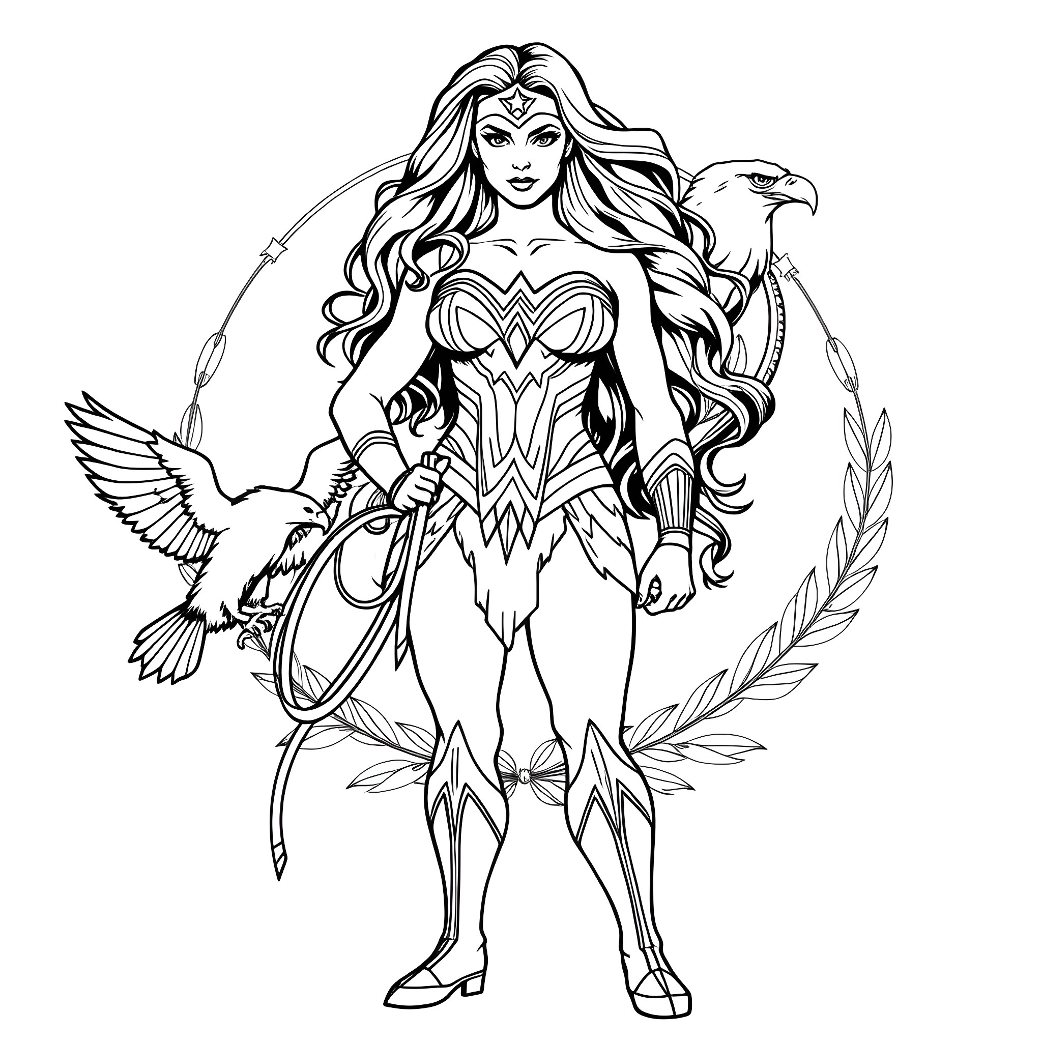 Wonder Woman's Powerful Warrior Pose with Majestic Eagles Coloring Page (free black-and-white line drawing printable PDF for all, from beginners to advanced learners, including children, teens, adults, and seniors)