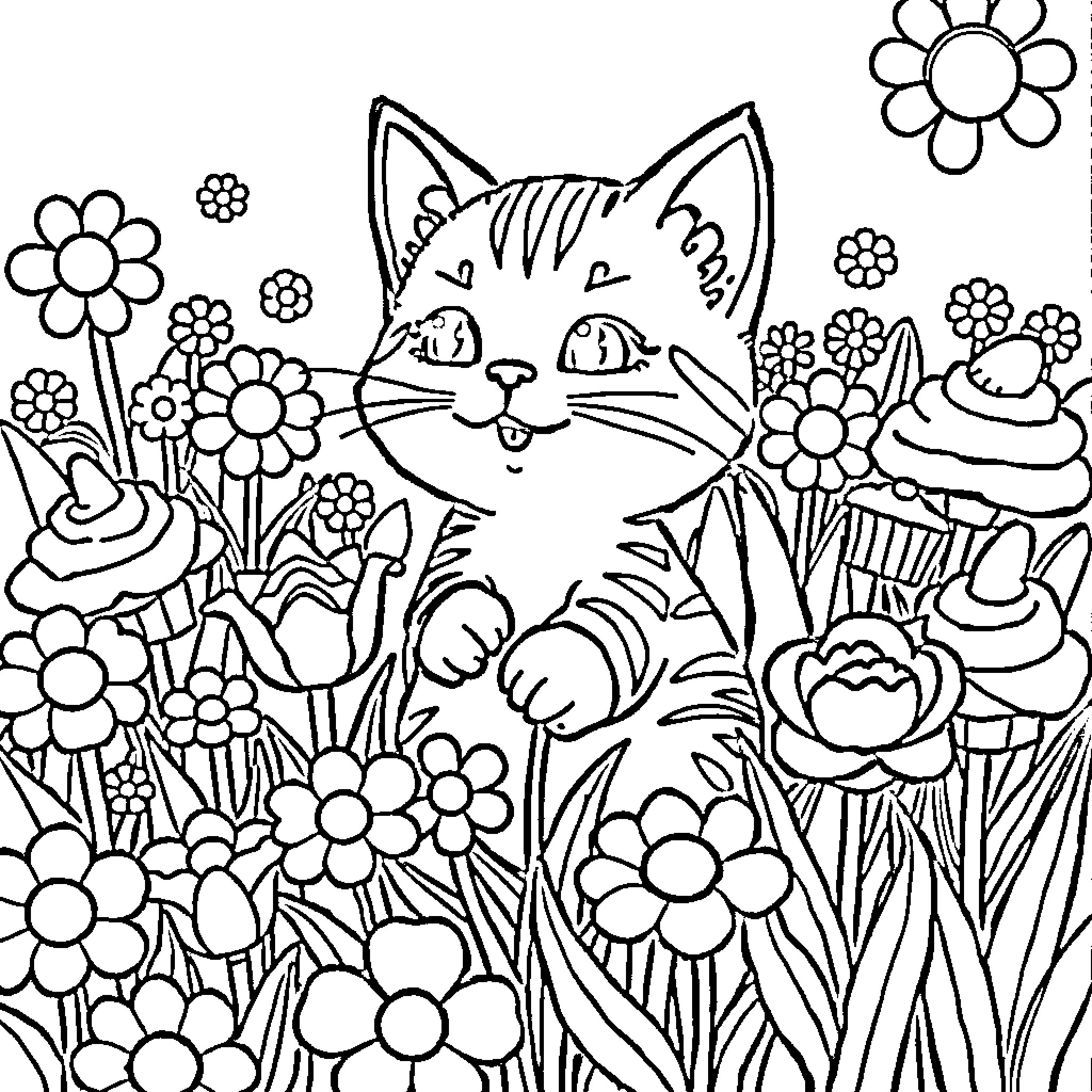 Sprigatito exploring a flowery garden Coloring Page (free black-and-white line drawing printable PDF for all, from beginners to advanced learners, including children, teens, adults, and seniors)