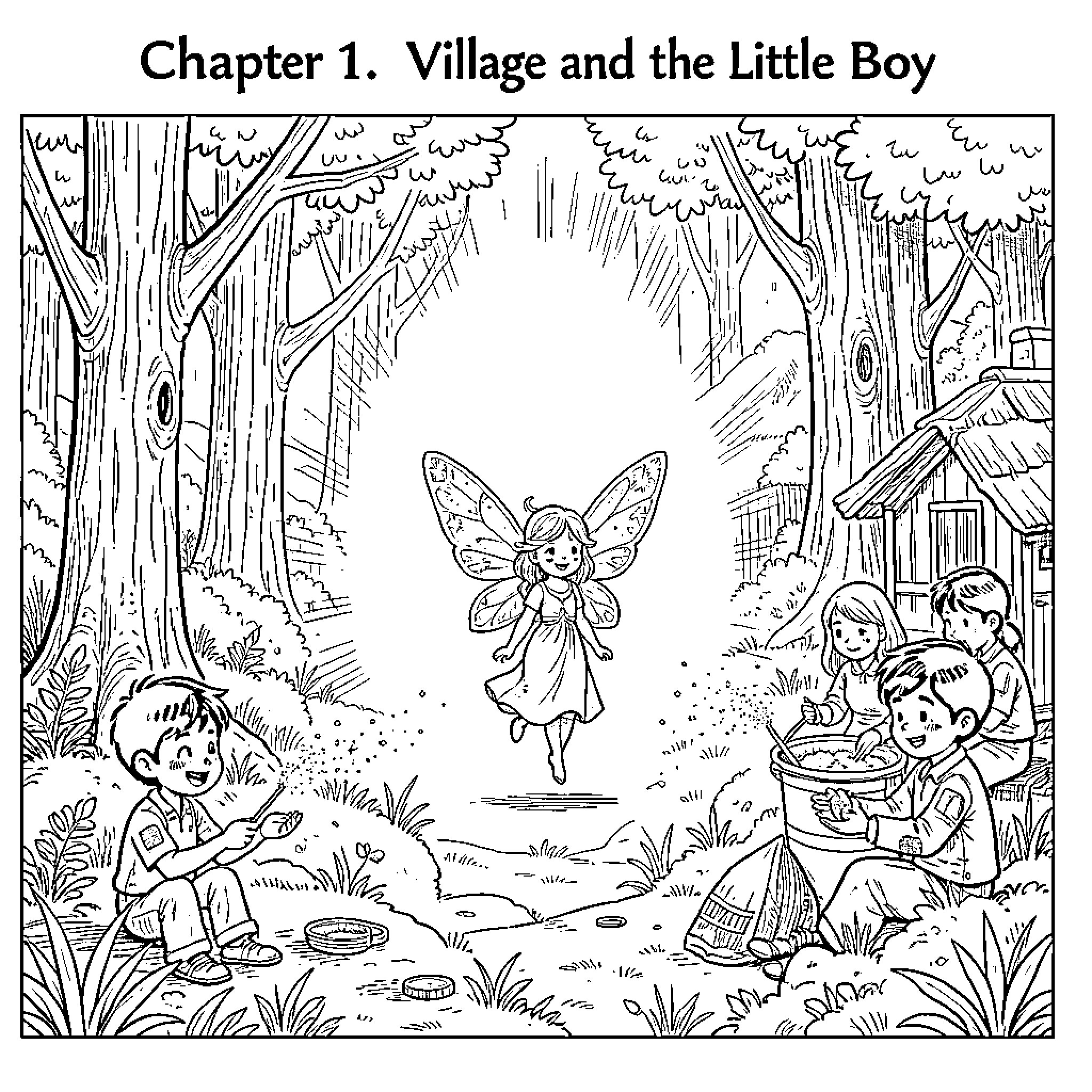 Tommy's Fairy Forest Adventure Coloring Page (free black-and-white line drawing printable PDF for all, from beginners to advanced learners, including children, teens, adults, and seniors)