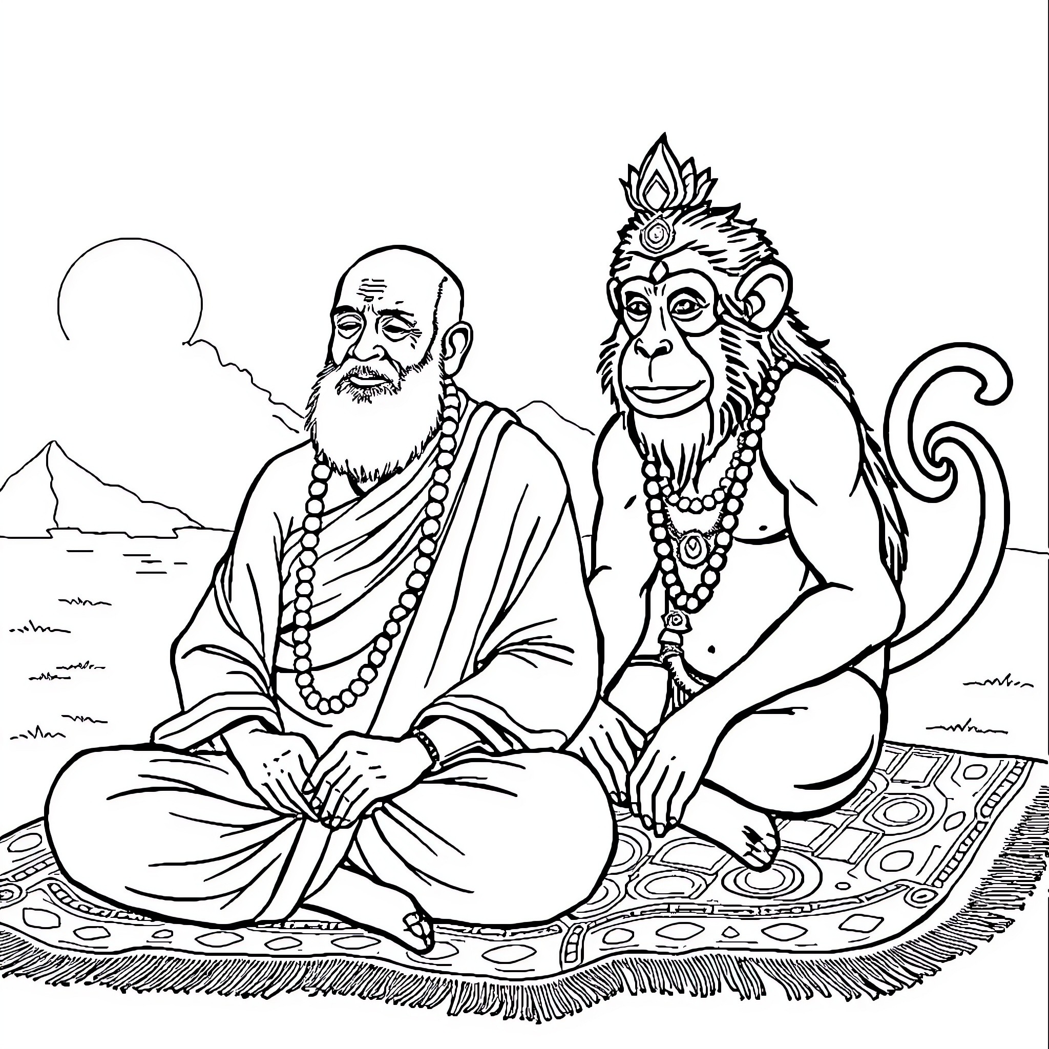 Neem Karoli Baba and the Monkey Companion Coloring Page (free black-and-white line drawing printable PDF for all, from beginners to advanced learners, including children, teens, adults, and seniors)