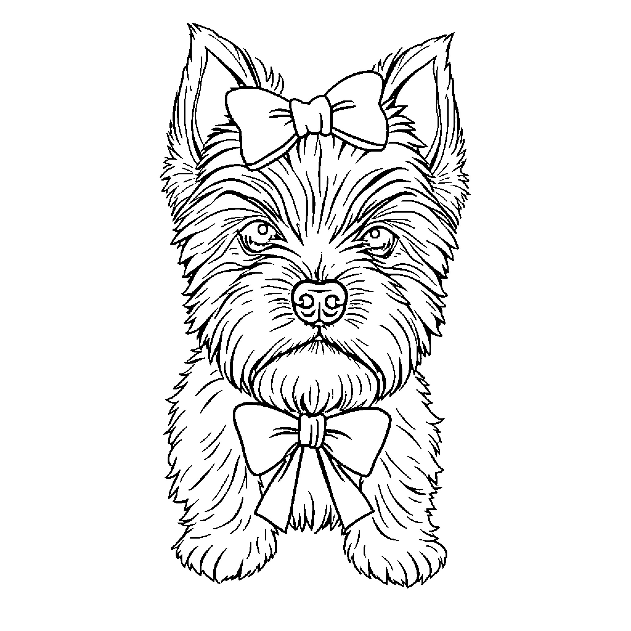 Yorkie dog with bows dressed up Coloring Page (free black-and-white line drawing printable PDF for all, from beginners to advanced learners, including children, teens, adults, and seniors)