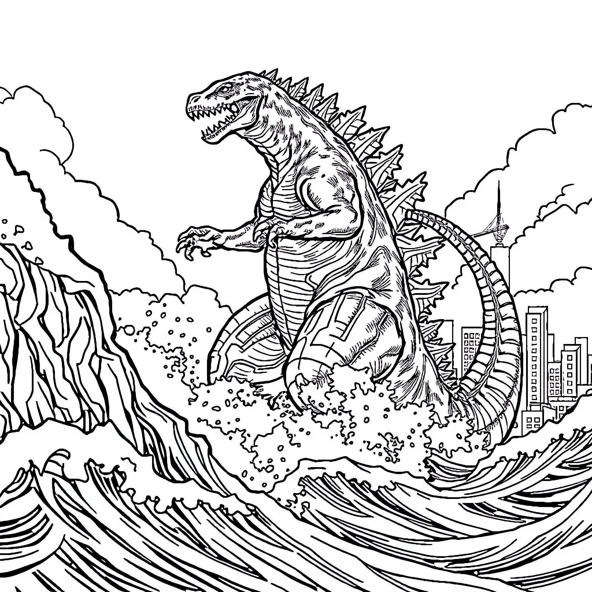 Godzilla rampaging through a city by the sea Coloring Page (free black-and-white line drawing printable PDF for all, from beginners to advanced learners, including children, teens, adults, and seniors)