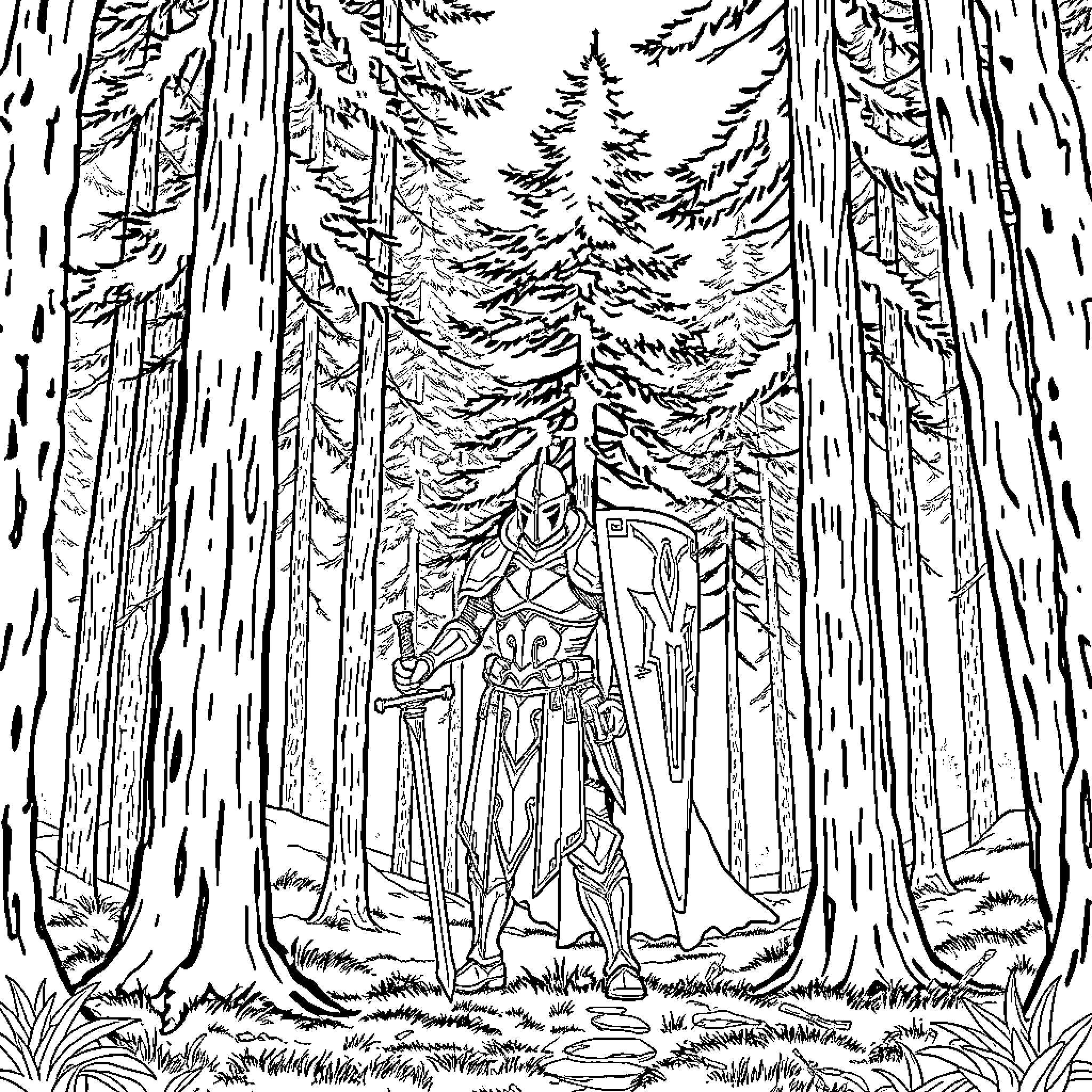 Knight journeying through the mysterious forest Coloring Page (free black-and-white line drawing printable PDF for all, from beginners to advanced learners, including children, teens, adults, and seniors)