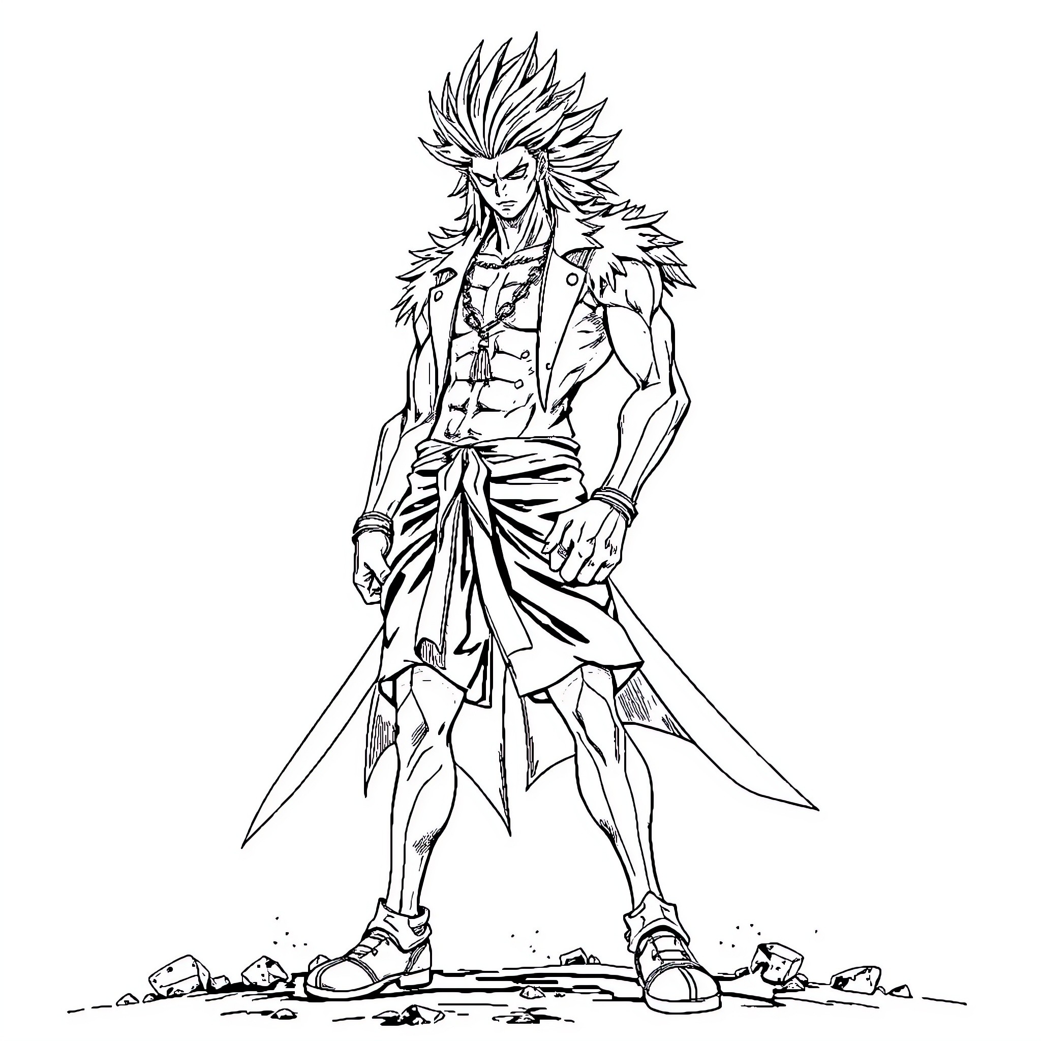 Kenpachi in Fierce Battle Stance Coloring Page (free black-and-white line drawing printable PDF for all, from beginners to advanced learners, including children, teens, adults, and seniors)
