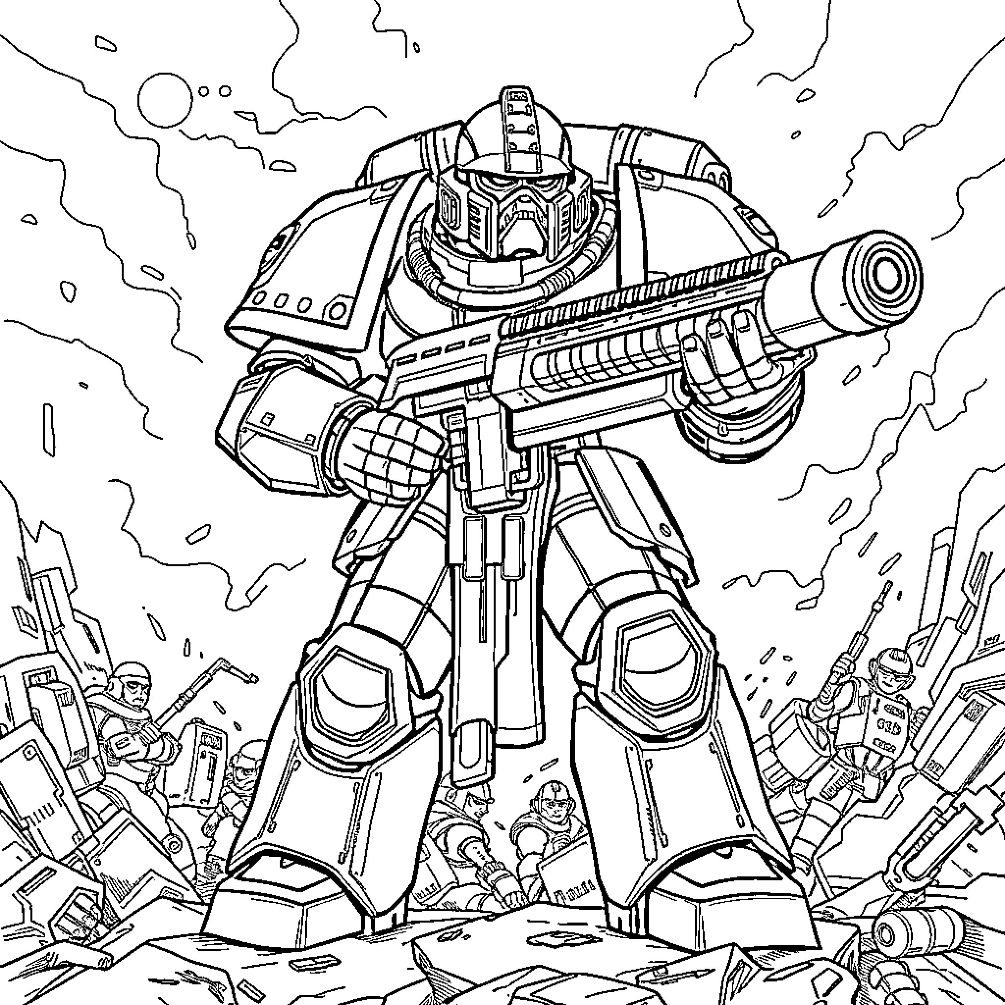Space Marine Battling Enemies in Futuristic Sci-Fi Landscape Coloring Page (free black-and-white line drawing printable PDF for all, from beginners to advanced learners, including children, teens, adults, and seniors)