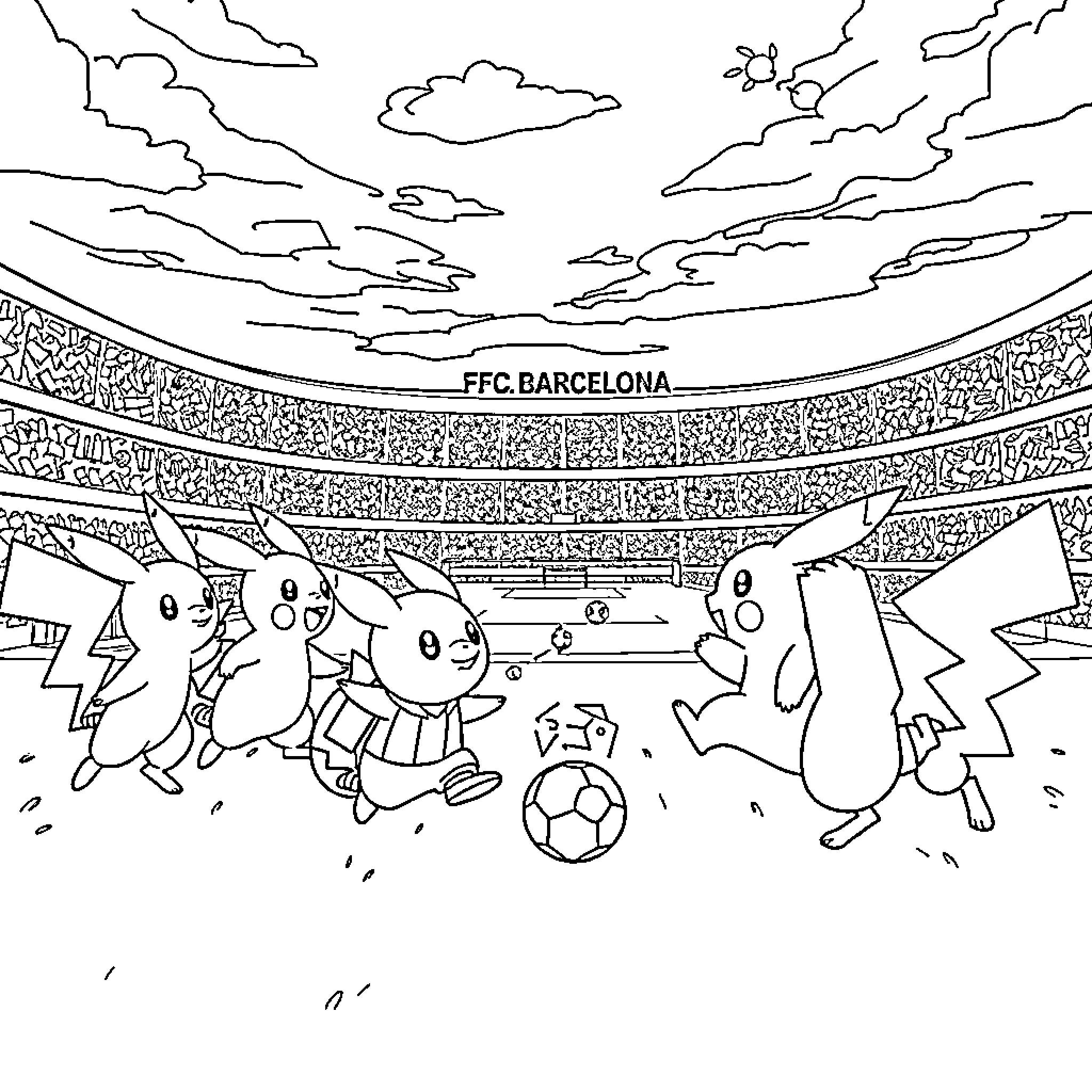Pokémon characters playing football in stadium Coloring Page (free black-and-white line drawing printable PDF for all, from beginners to advanced learners, including children, teens, adults, and seniors)