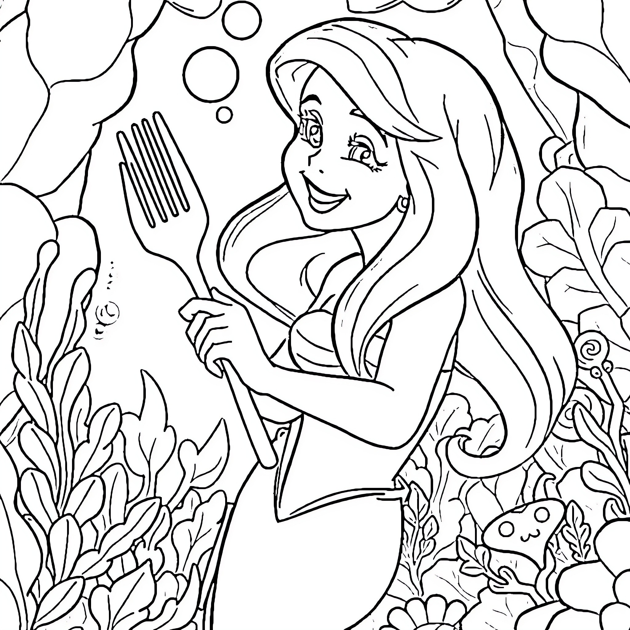 Ariel exploring the underwater world with a fork Coloring Page (free black-and-white line drawing printable PDF for all, from beginners to advanced learners, including children, teens, adults, and seniors)