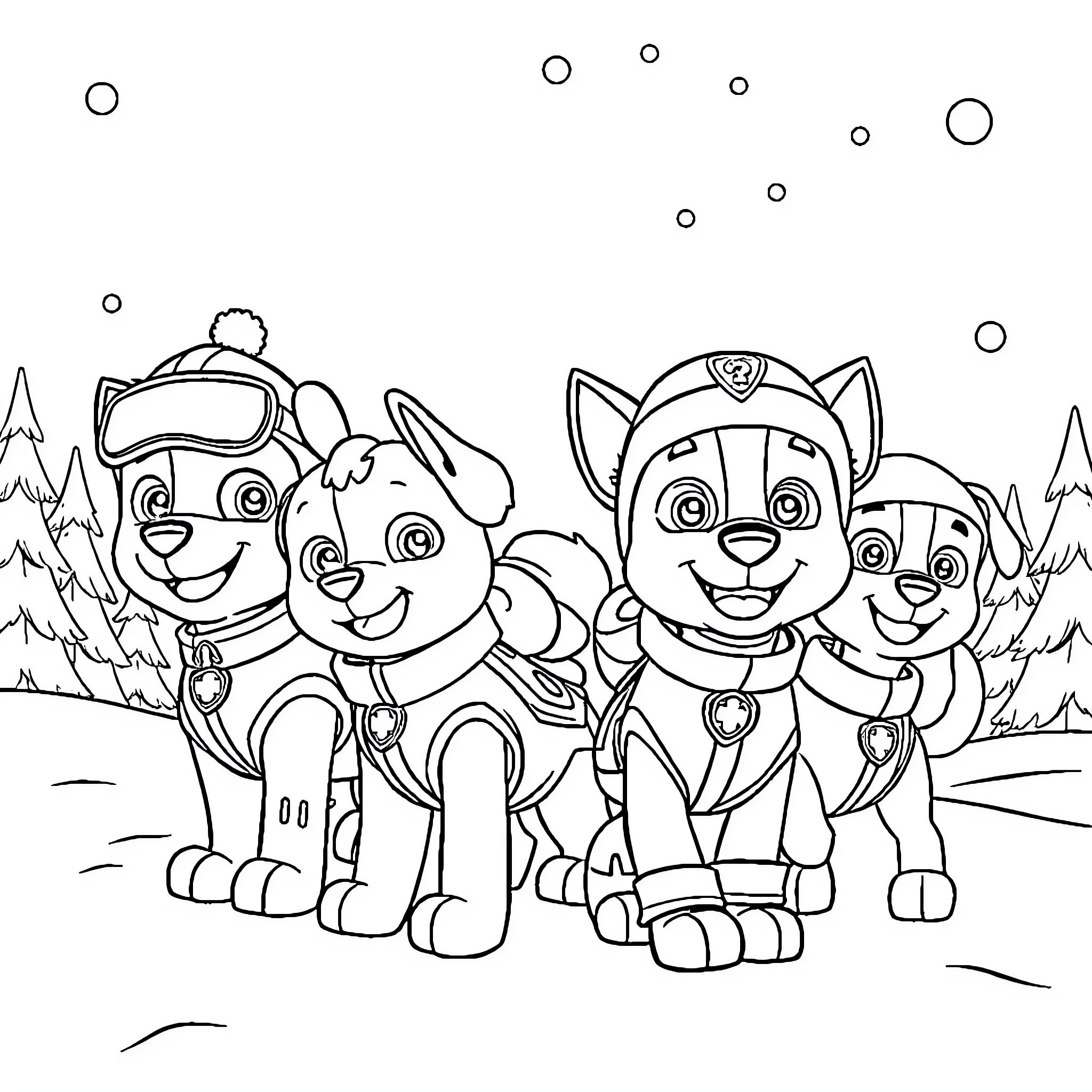 Paw Patrol pups on an adventure Coloring Page (free black-and-white line drawing printable PDF for all, from beginners to advanced learners, including children, teens, adults, and seniors)