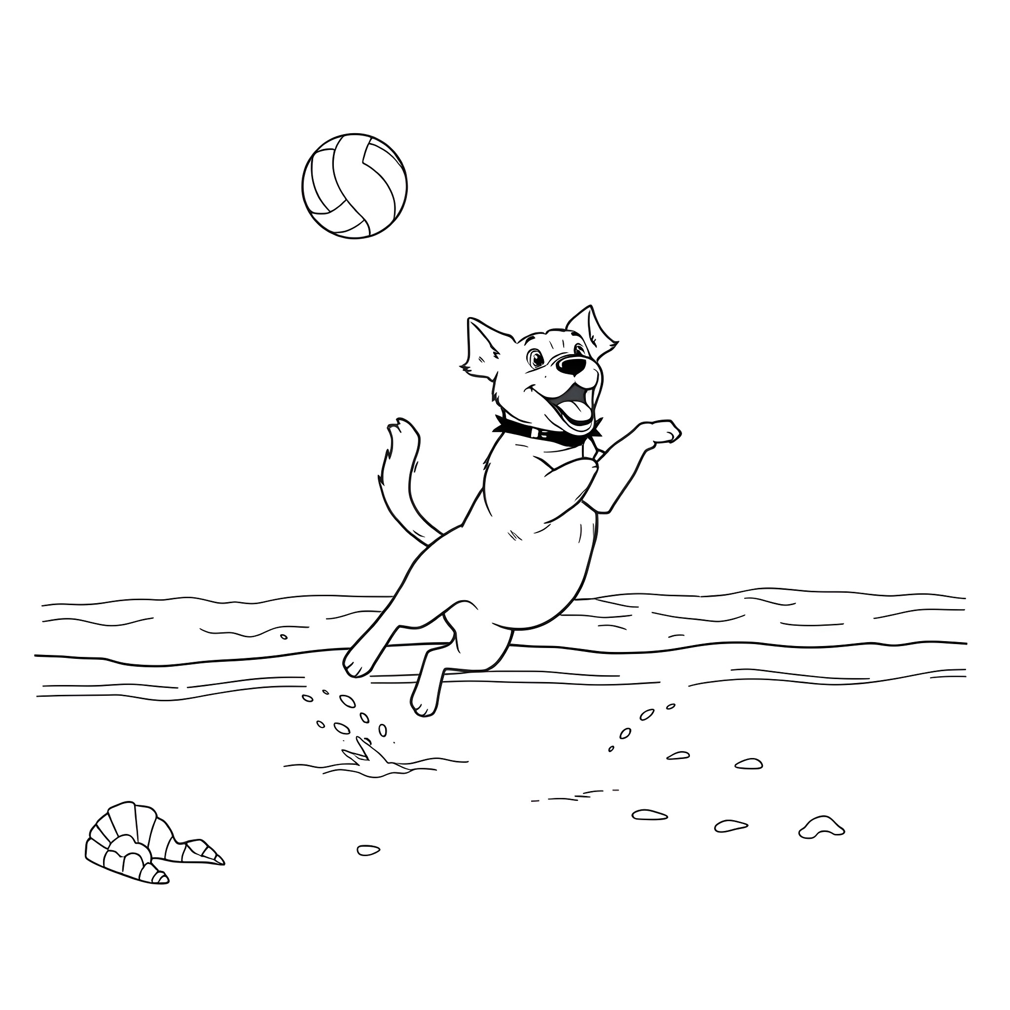 Dog playing with a volleyball on the beach Coloring Page (free black-and-white line drawing printable PDF for all, from beginners to advanced learners, including children, teens, adults, and seniors)