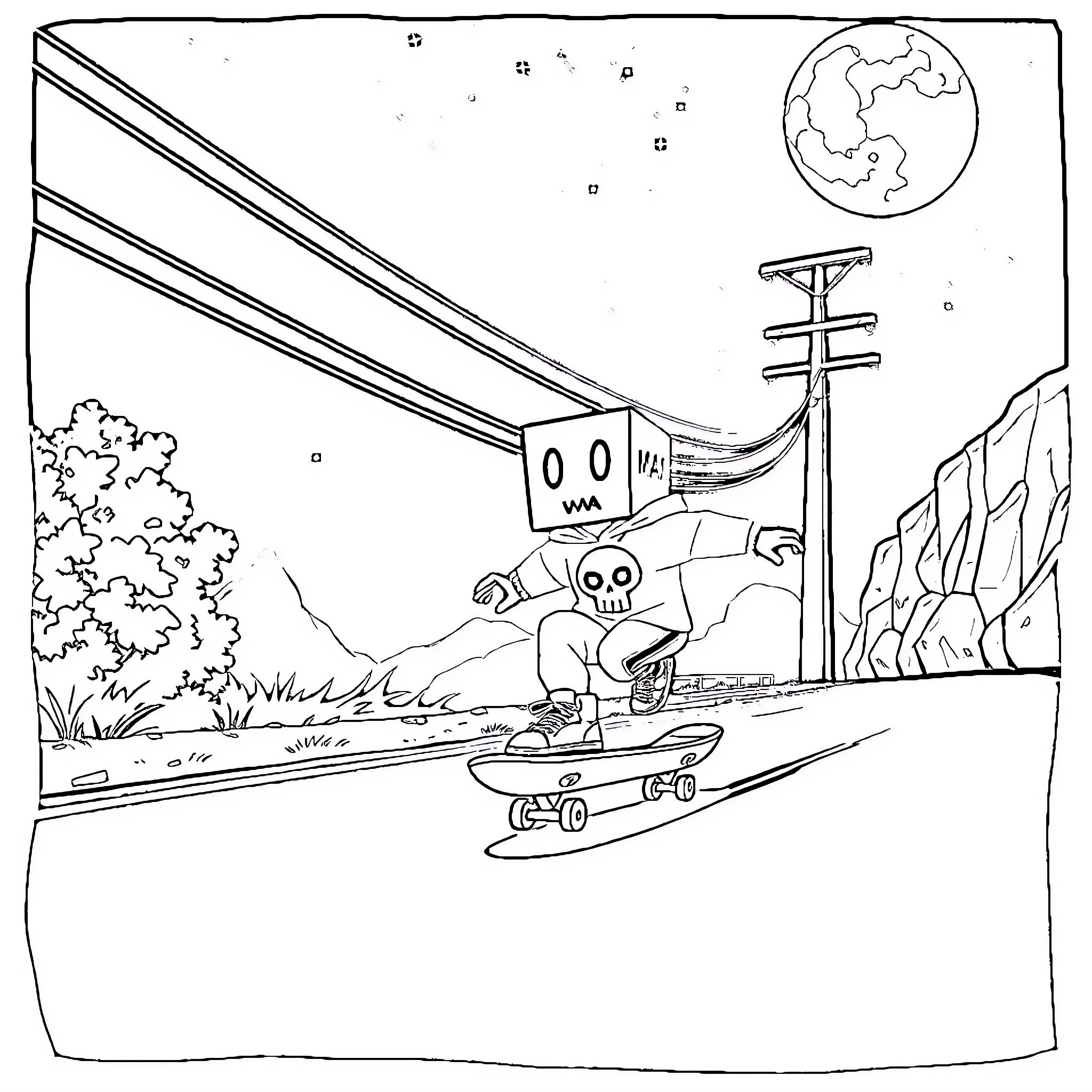 Skateboarder riding through a surreal, moonlit landscape Coloring Page (free black-and-white line drawing printable PDF for all, from beginners to advanced learners, including children, teens, adults, and seniors)