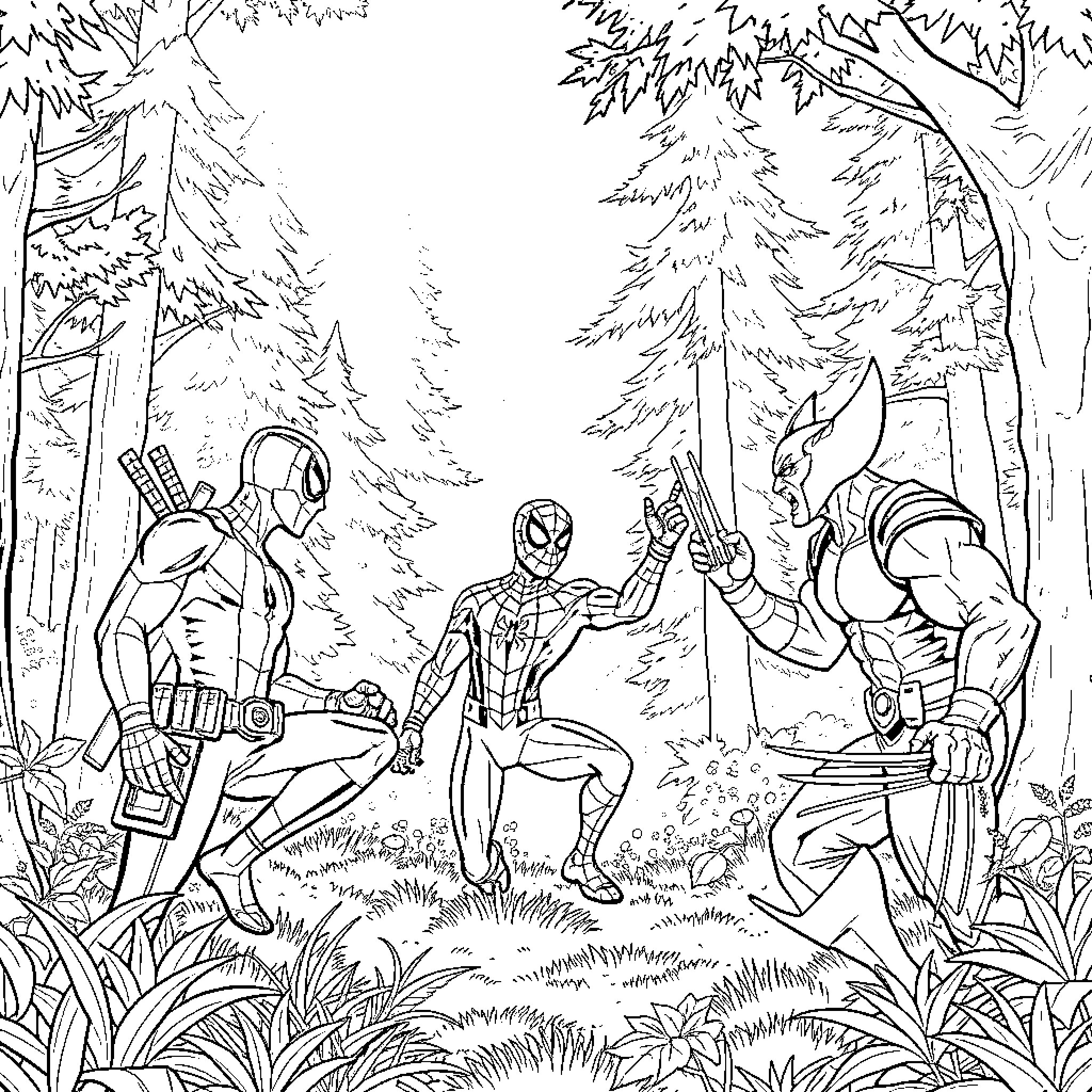Deadpool and friends battle in the forest Coloring Page (free black-and-white line drawing printable PDF for all, from beginners to advanced learners, including children, teens, adults, and seniors)