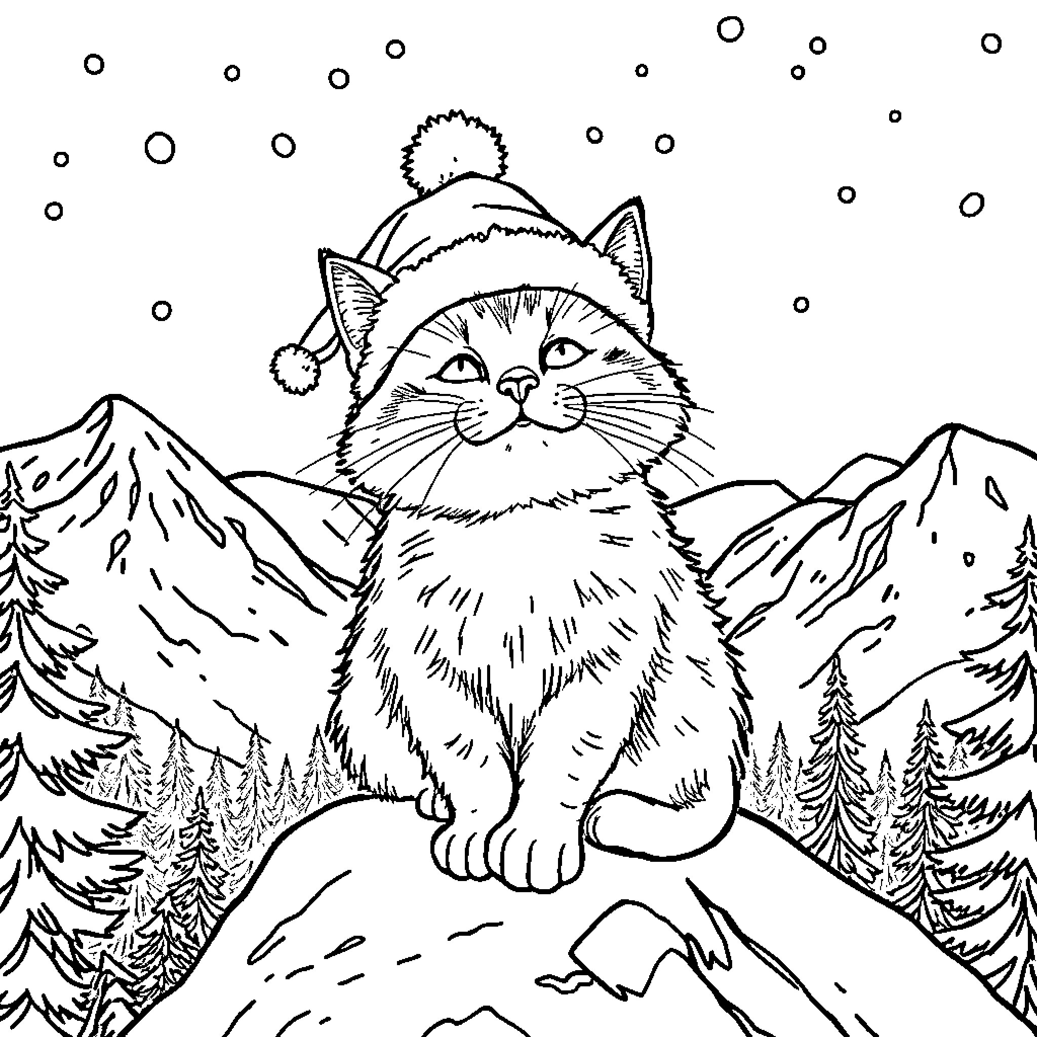 Chat with a furry friend in the snowy mountains Coloring Page (free black-and-white line drawing printable PDF for all, from beginners to advanced learners, including children, teens, adults, and seniors)
