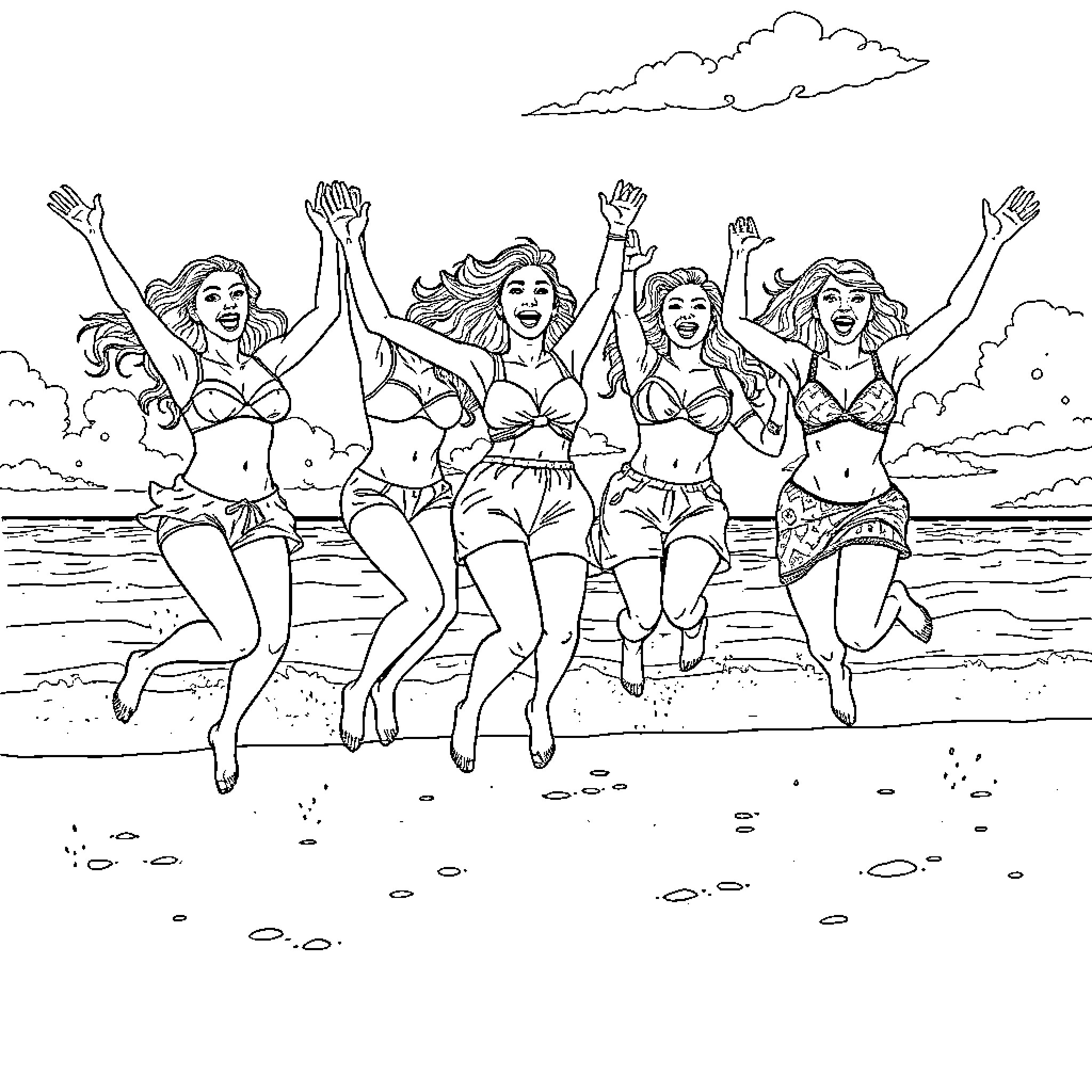 Latina friends enjoying beach day together Coloring Page (free black-and-white line drawing printable PDF for all, from beginners to advanced learners, including children, teens, adults, and seniors)