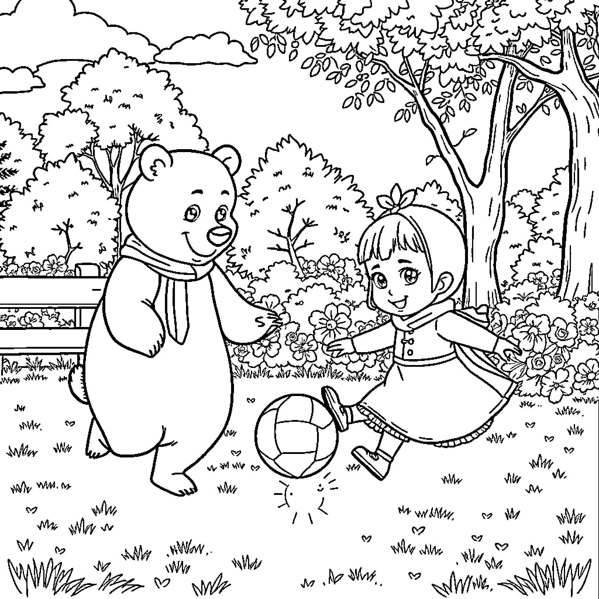 Masha's Playful Encounter with a Friendly Bear in the Forest Coloring Page (free black-and-white line drawing printable PDF for all, from beginners to advanced learners, including children, teens, adults, and seniors)
