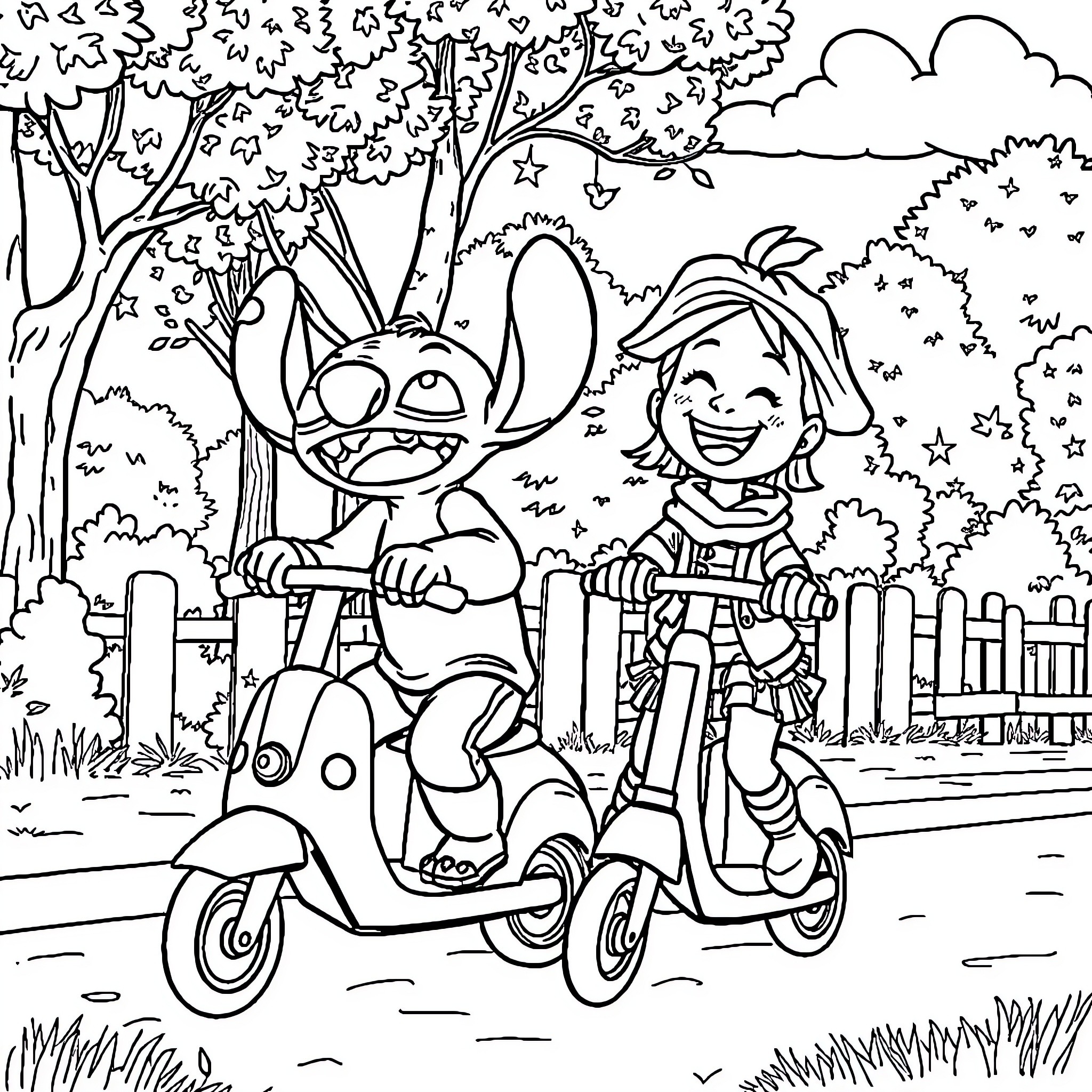 Stitch and Pinocchio on a scooter adventure Coloring Page (free black-and-white line drawing printable PDF for all, from beginners to advanced learners, including children, teens, adults, and seniors)
