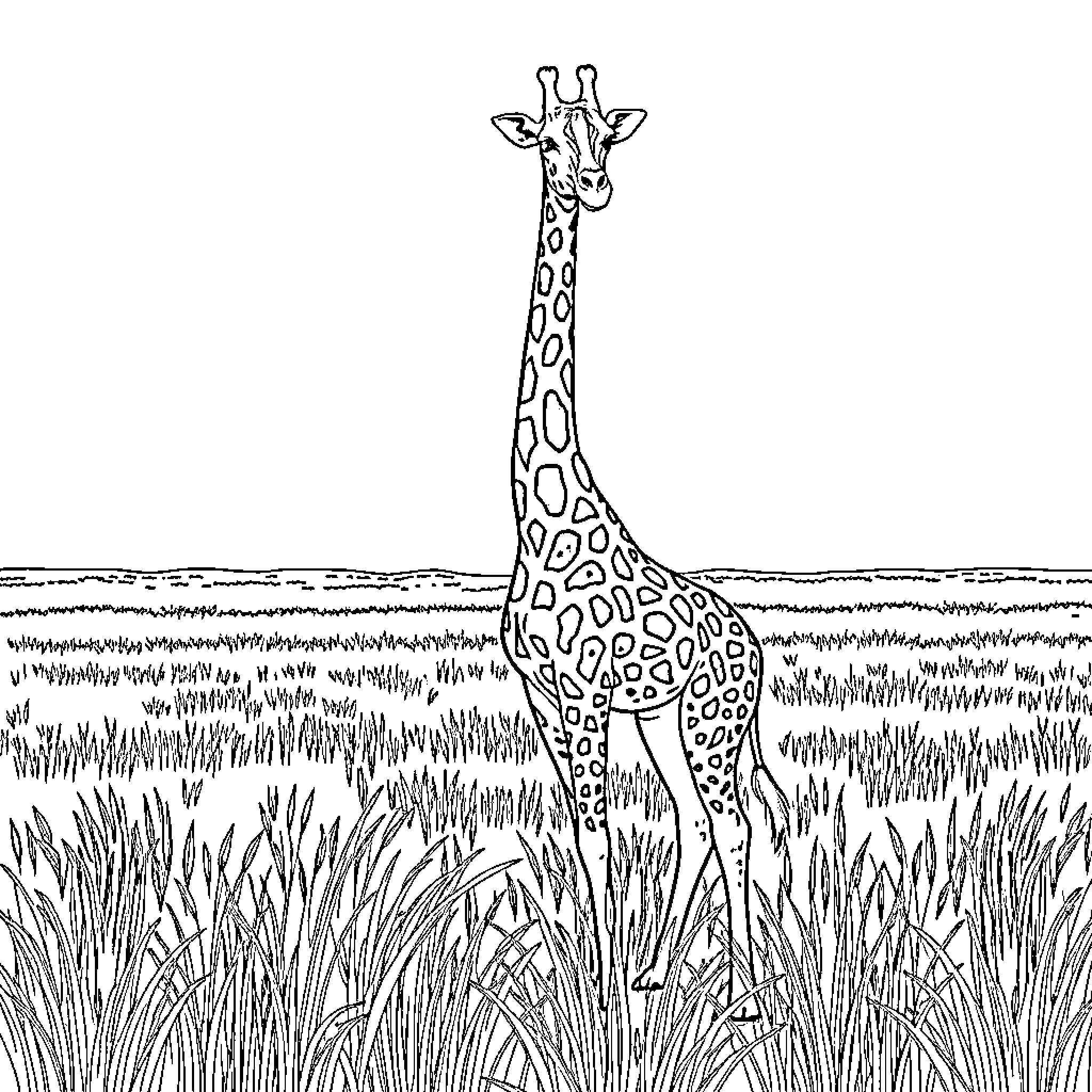 Giraffe standing in the grasslands Coloring Page (free black-and-white line drawing printable PDF for all, from beginners to advanced learners, including children, teens, adults, and seniors)